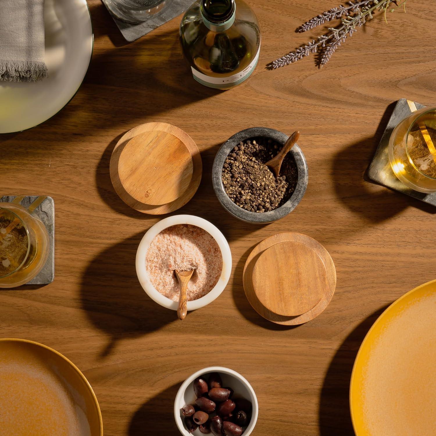 Cork & Mill Marble Salt and Pepper Bowls - Set of 2 Handcrafted White/Grey Solid Marble Salt and Pepper Cellars with Lids and Spoons - Elegant Containers for Countertop or Table - Handmade Lifestyle Shop