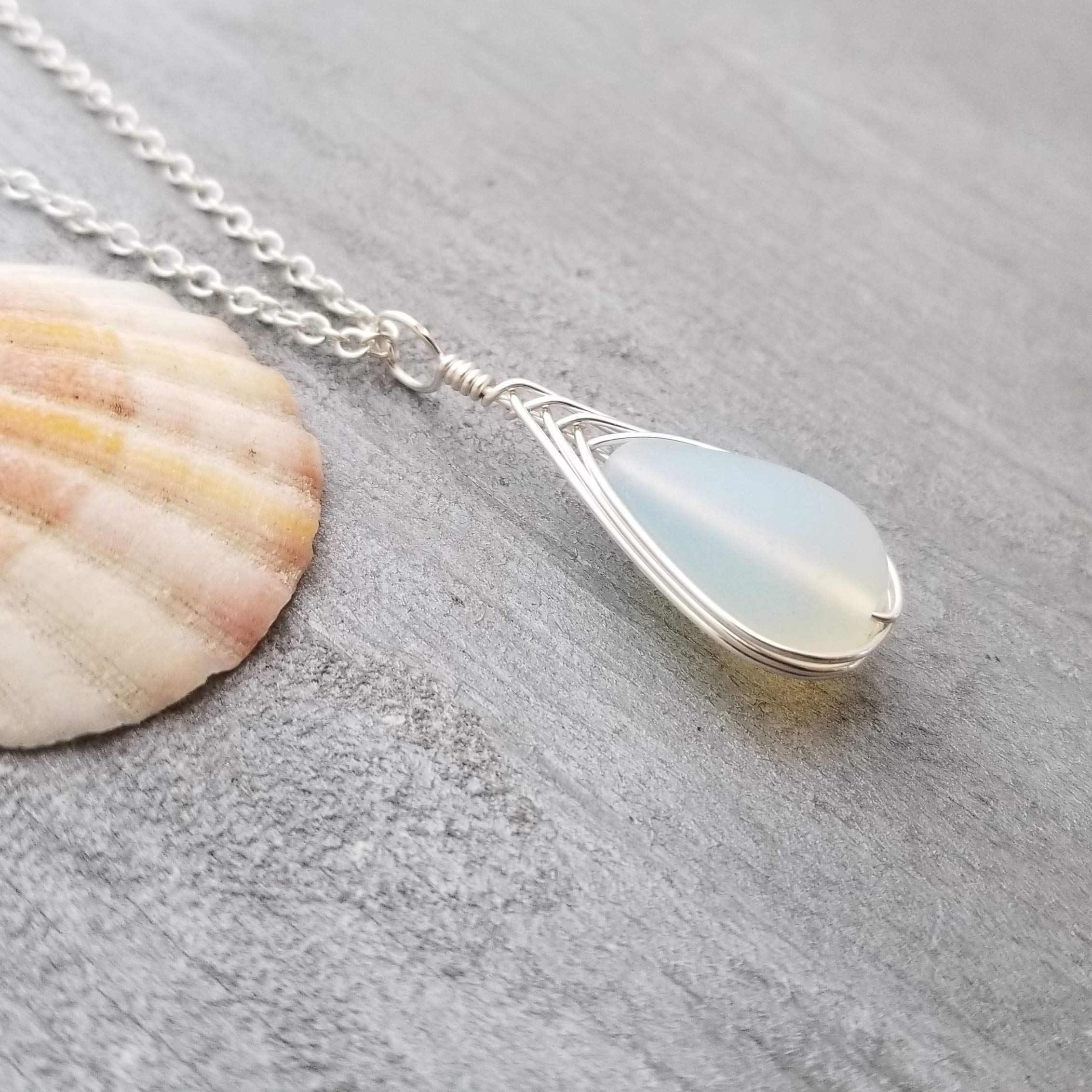 Yinahawaii Handmade Sea Glass Necklace, Hawaiian Jewelry For Women, Braided Teardrop Necklace, Unique Sea Glass Jewelry For Women Birthday Gift