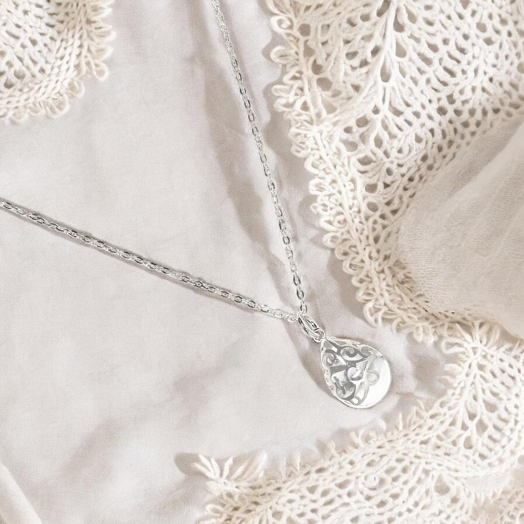 Bottled Up Designs Handmade Filigree Teardrop Necklace, Recycled Antique Glass, Sterling Silver, Eco Friendly, Made in USA, Birthday Gifts, Mothers Day, Women, Anniversary