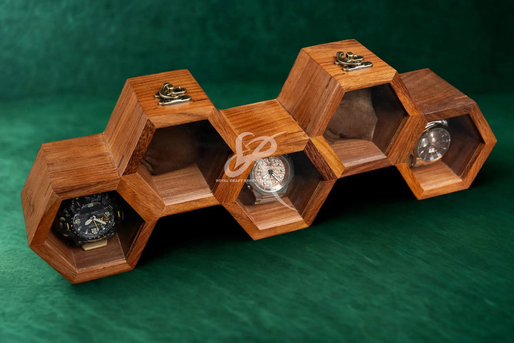 Premium 7-Slot Wooden Timepiece Display Case – Handcrafted Honeycomb Watch Box for Men in Superior Indian Rosewood | Hinged Glass Cover – Father’s Day Gift – Luxury Built to Last - Handmade Lifestyle Shop