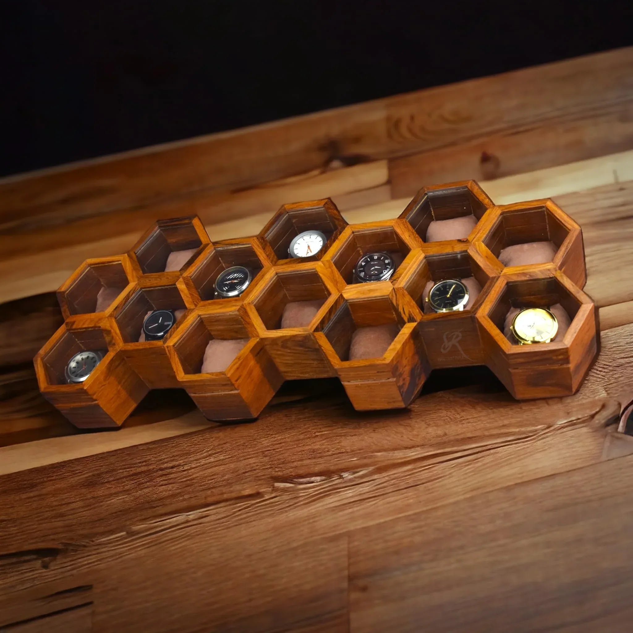 Premium 7-Slot Wooden Timepiece Display Case – Handcrafted Honeycomb Watch Box for Men in Superior Indian Rosewood | Hinged Glass Cover – Father’s Day Gift – Luxury Built to Last - Handmade Lifestyle Shop