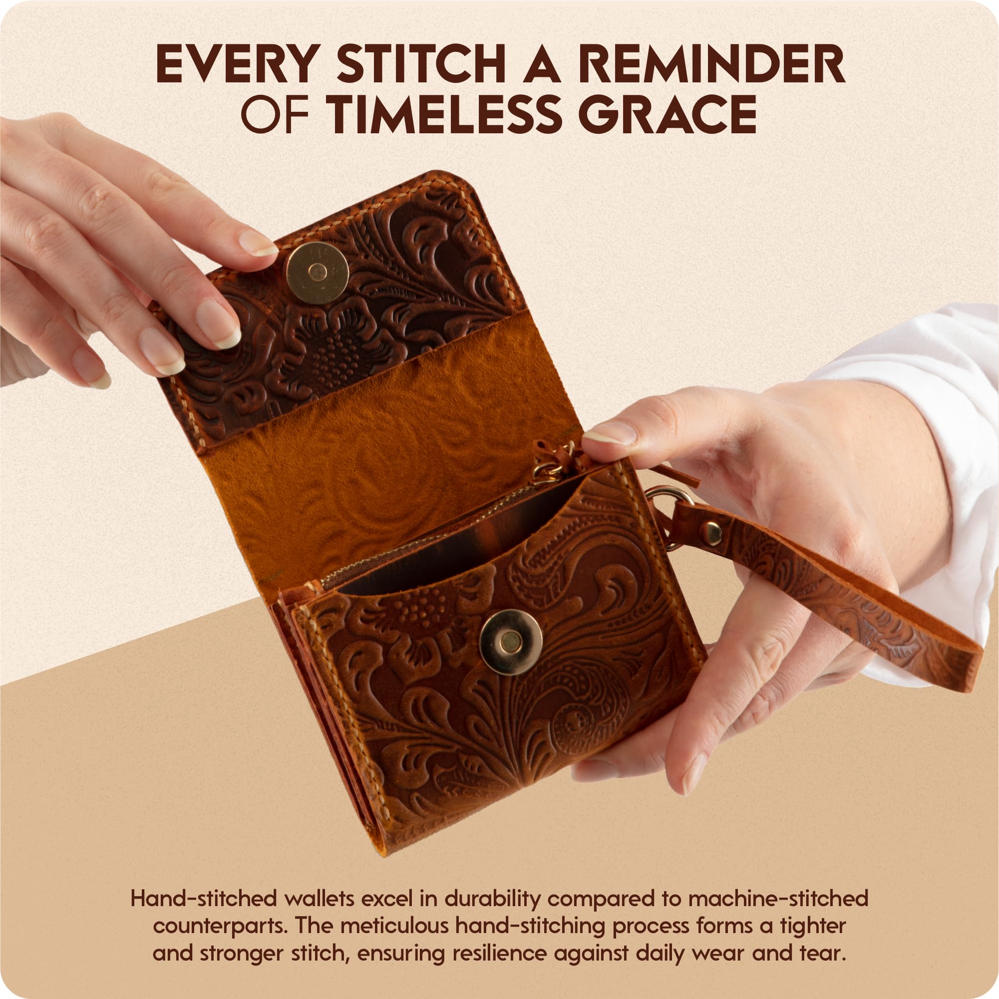 Toros Craft Handmade Wristlet Wallets for Women, Western Floral Leather Small Credit Card Holder with Zipper, Minimalist & Cute Coin Pouch, Genuine Leather, Dark Brown