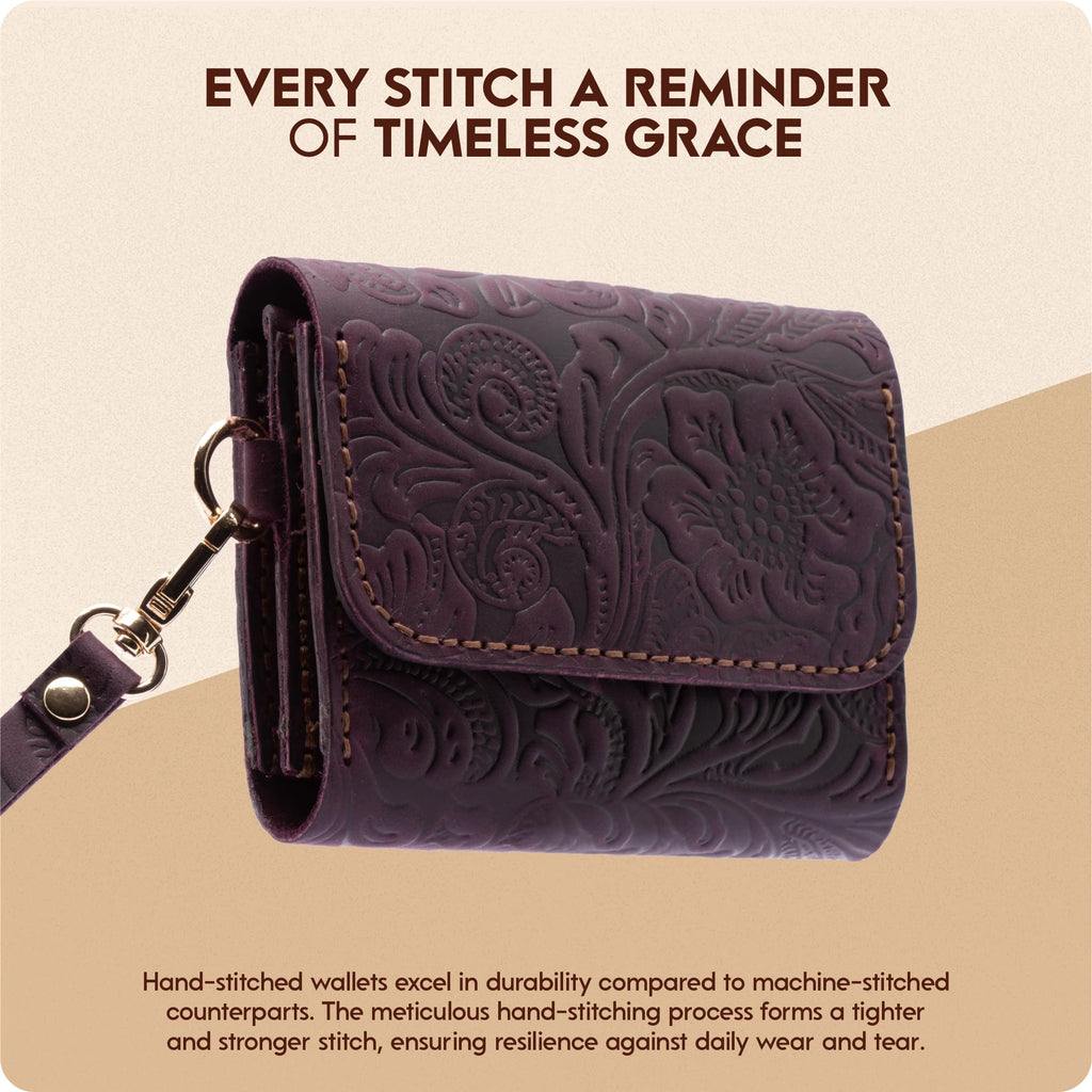 Toros Craft Handmade Wristlet Wallets for Women, Western Floral Leather Small Credit Card Holder with Zipper, Minimalist & Cute Coin Pouch, Genuine Leather, Dark Brown