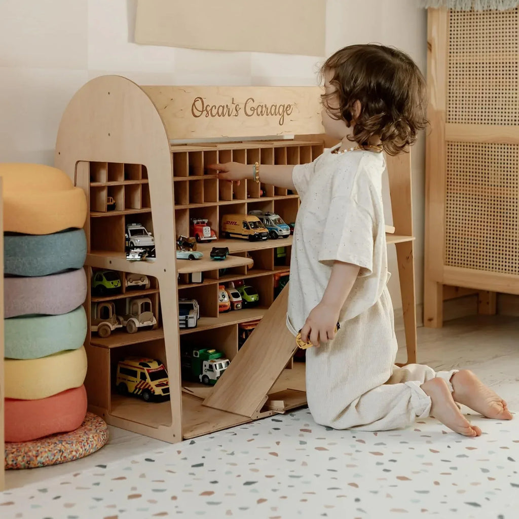 Toy Parking Garage with Elevator Wooden Toy Car Storage Small Car Compatible Gift for Toddlers 1-4 Years Old Organizer Case Shelf for Mini Toy Cars (Big, Natural) - Handmade Lifestyle Shop