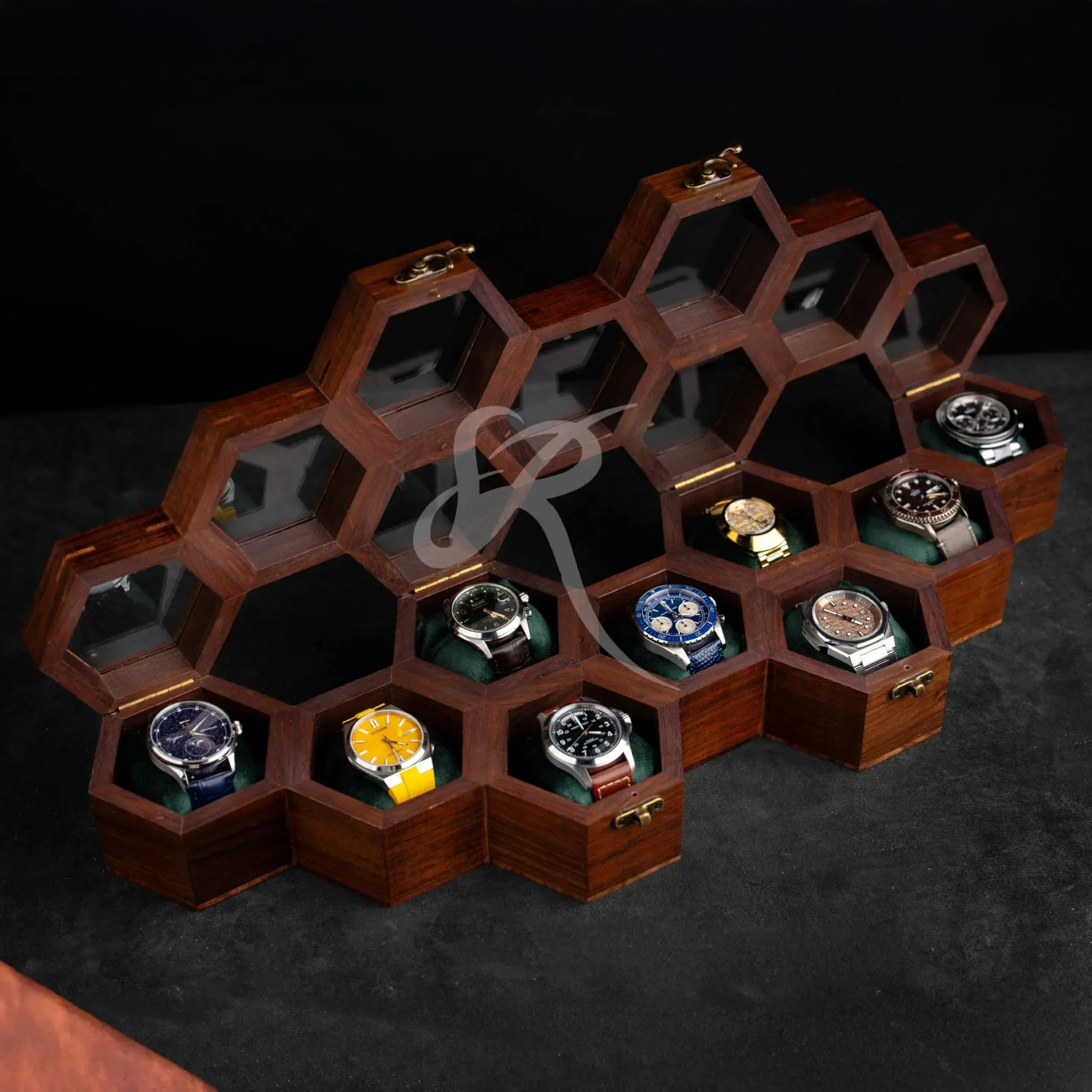 Premium 7-Slot Wooden Timepiece Display Case – Handcrafted Honeycomb Watch Box for Men in Superior Indian Rosewood | Hinged Glass Cover – Father’s Day Gift – Luxury Built to Last - Handmade Lifestyle Shop