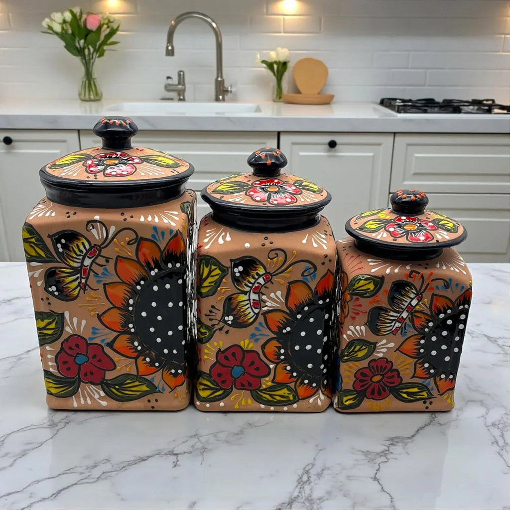 Mexican Talavera Canister Trio | Hand-Painted Terracotta Set - Handmade Lifestyle Shop