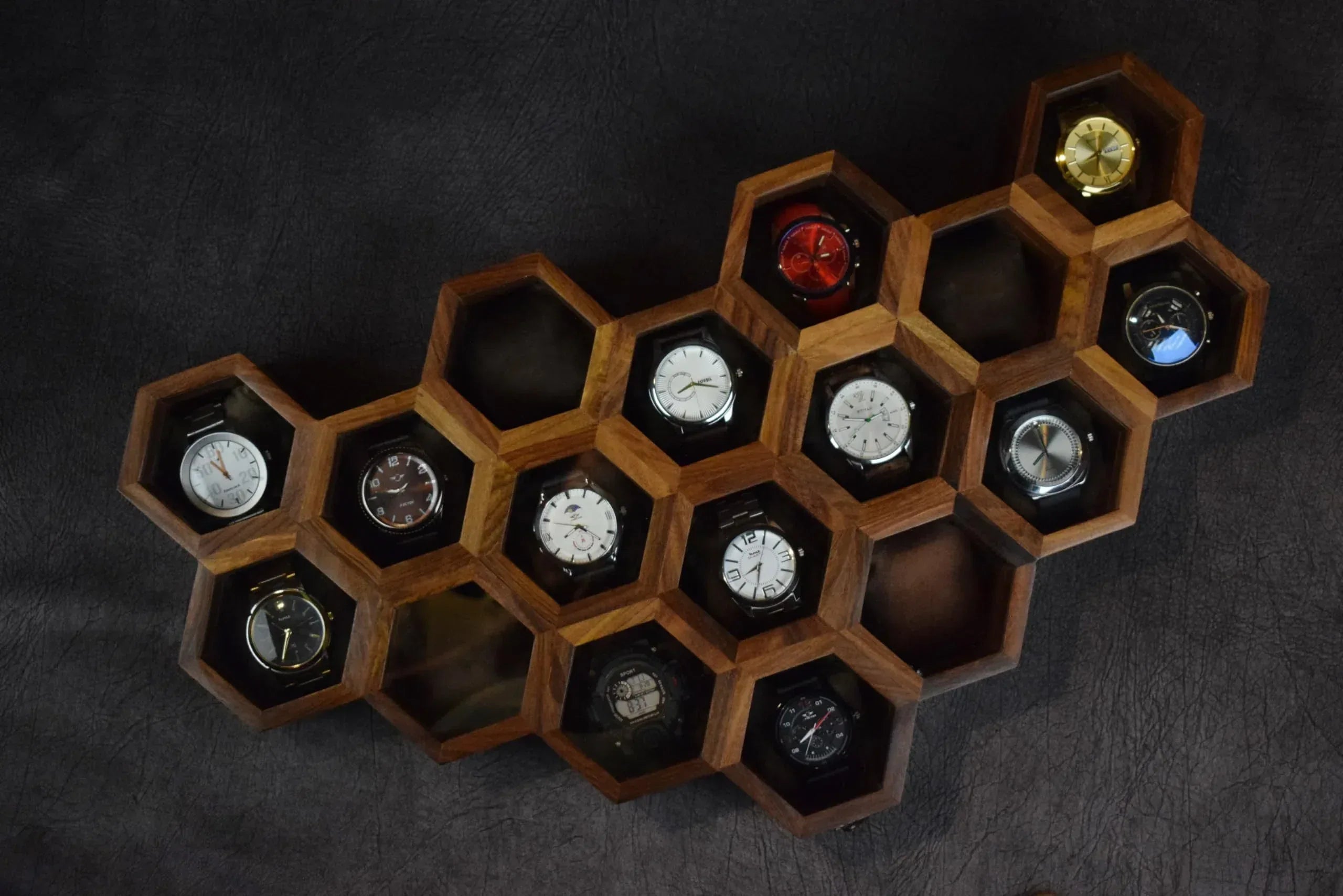 Premium 7-Slot Wooden Timepiece Display Case – Handcrafted Honeycomb Watch Box for Men in Superior Indian Rosewood | Hinged Glass Cover – Father’s Day Gift – Luxury Built to Last - Handmade Lifestyle Shop