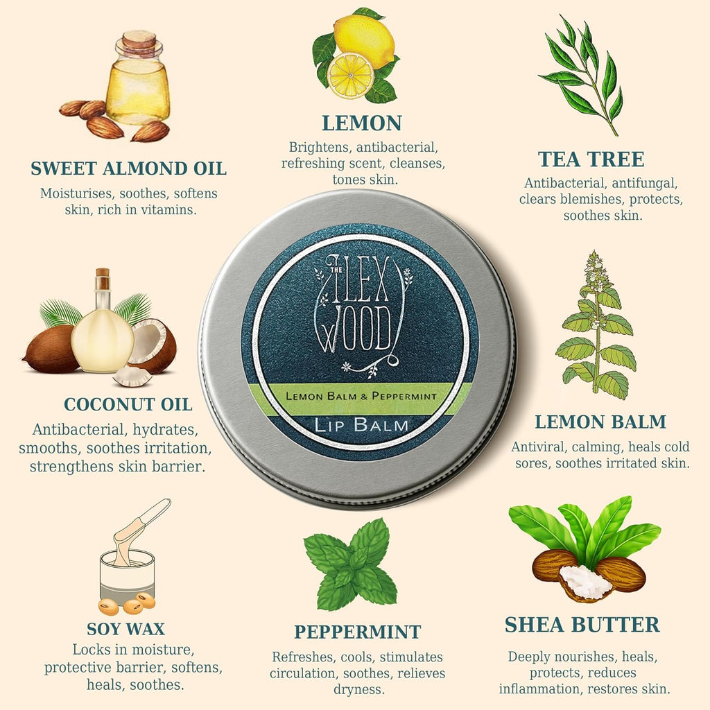 The Ilex Wood - All Natural Lip Balm - Lemon Balm and Peppermint - Cold Sore Treatment for Lips, Palm Oil Free, Cruelty Free, Plastic Free, Moisturising Lip Balm, Handcrafted - 10ml (0.34 fl oz)