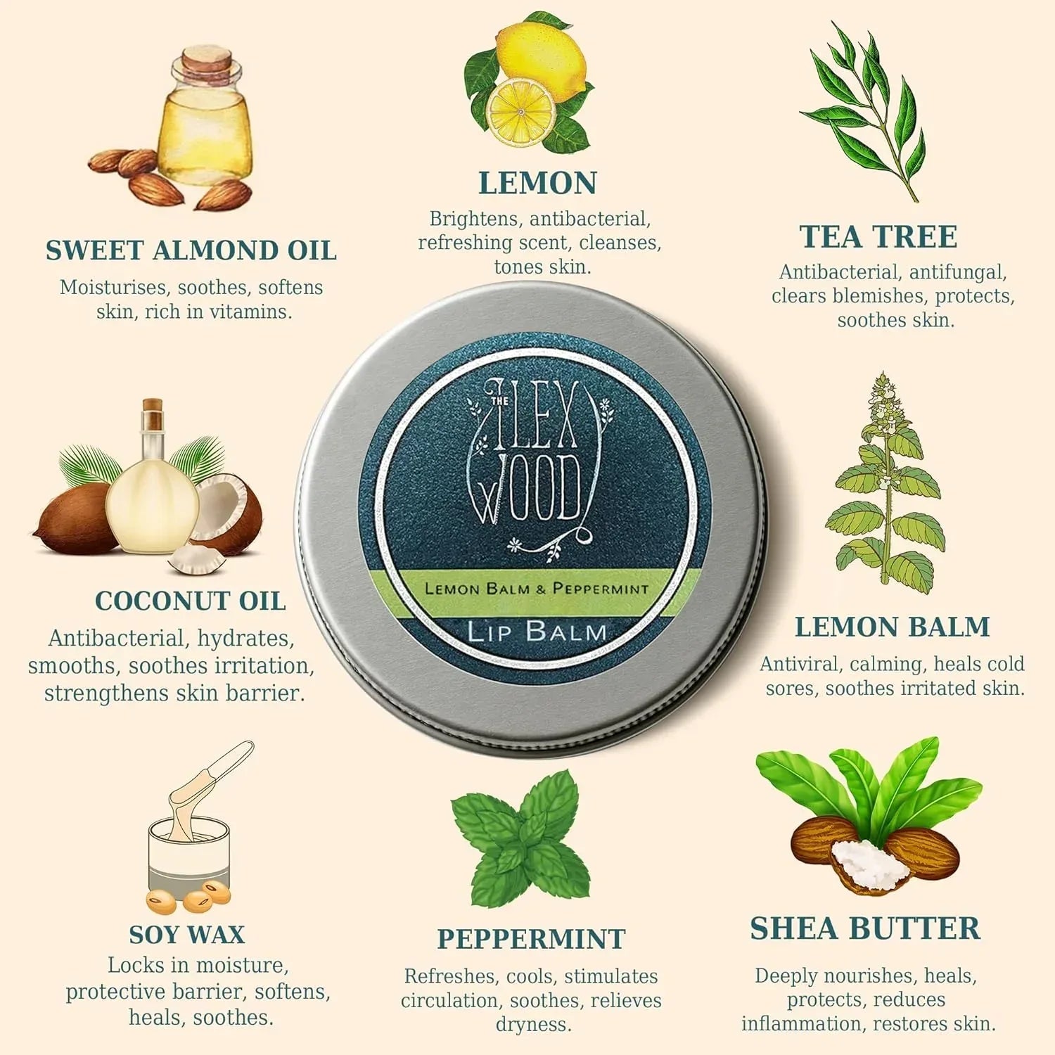 The Ilex Wood - All Natural Lip Balm - Lemon Balm and Peppermint - Cold Sore Treatment for Lips, Palm Oil Free, Cruelty Free, Plastic Free, Moisturising Lip Balm, Handcrafted - 10ml (0.34 fl oz) - Handmade Lifestyle Shop