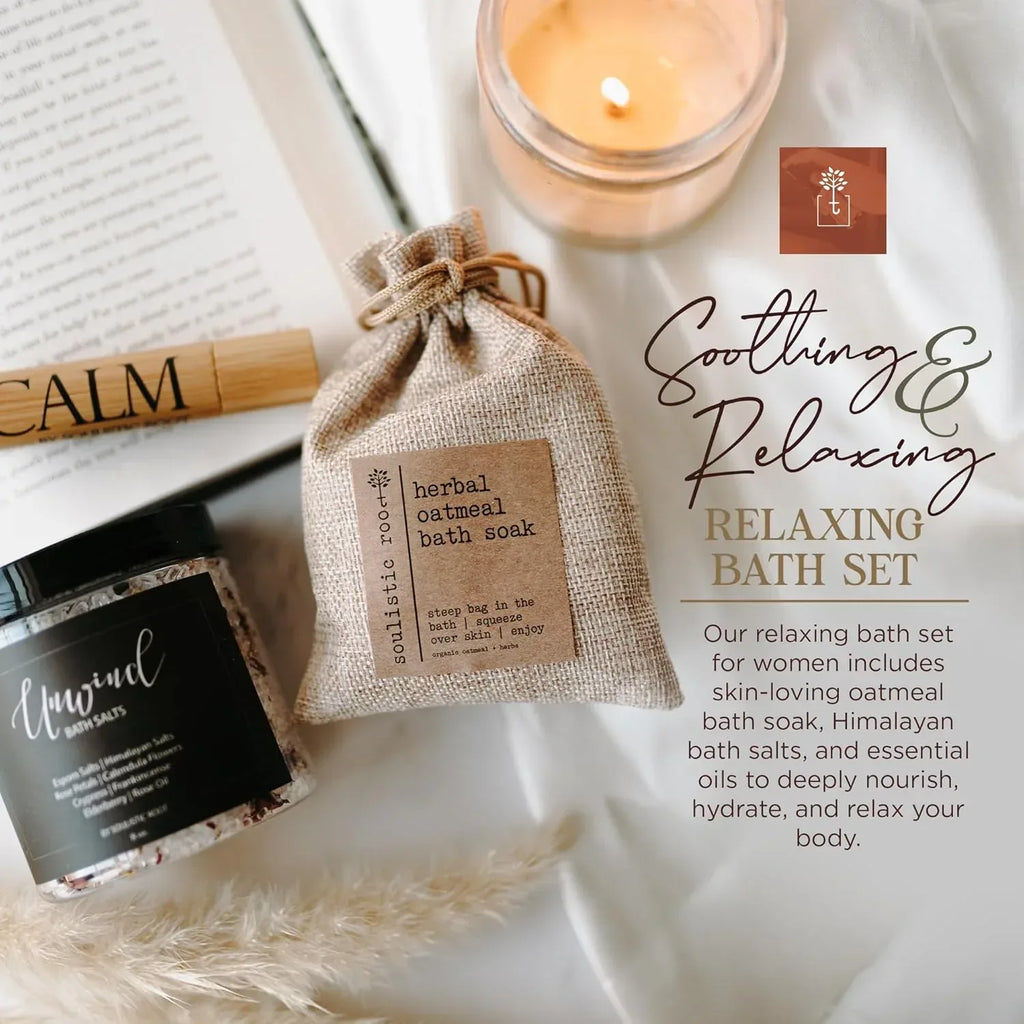 SOULISTIC ROOT Revitalizing Bath Gift - Premium Self-Care Bath & Body Set with Lavender Oatmeal Soak, Tranquil Essential Oil Roller, Epsom Salt Soak, Home Spa Kit, Valentine's Day Ready-to-Gift Box - Handmade Lifestyle Shop