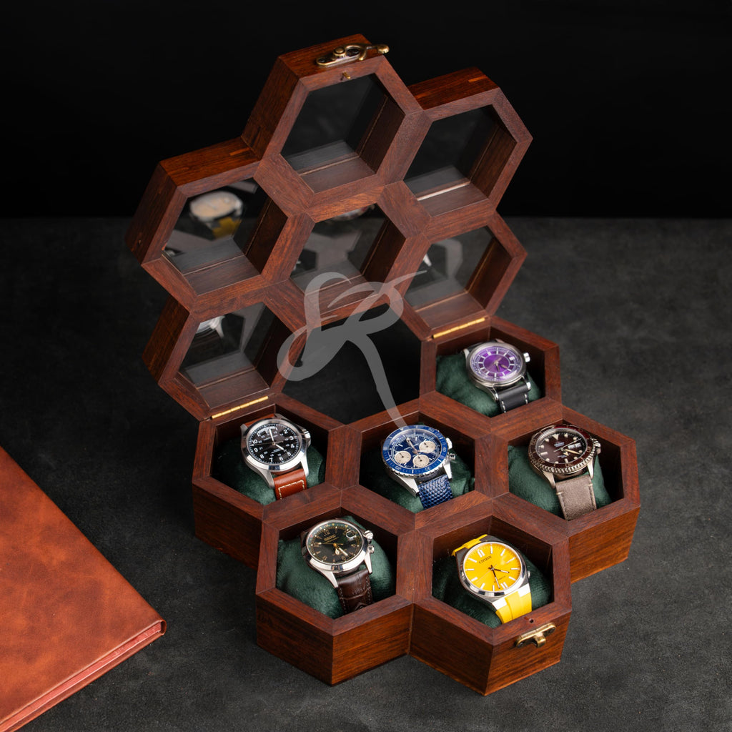 Premium 7-Slot Wooden Timepiece Display Case – Handcrafted Honeycomb Watch Box for Men in Superior Indian Rosewood | Hinged Glass Cover – Father’s Day Gift – Luxury Built to Last