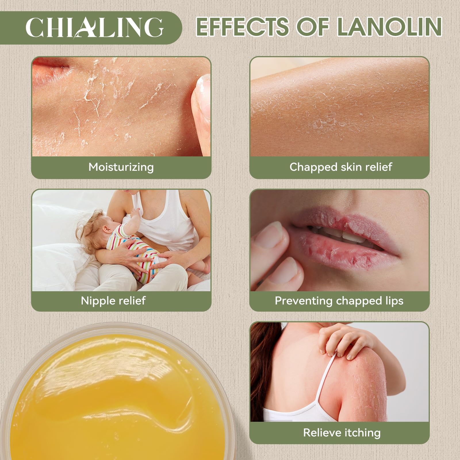 CHIALING Handmade Lanolin - 100% Pure Natural Australian Lanolin Cream - Made in USA - USP Grade Moisturizer for Dry/Cracked Skin, Nipple Discomfort, Lip Hydration & Eczema | Unscented, Additive-Free(3.5 oz)