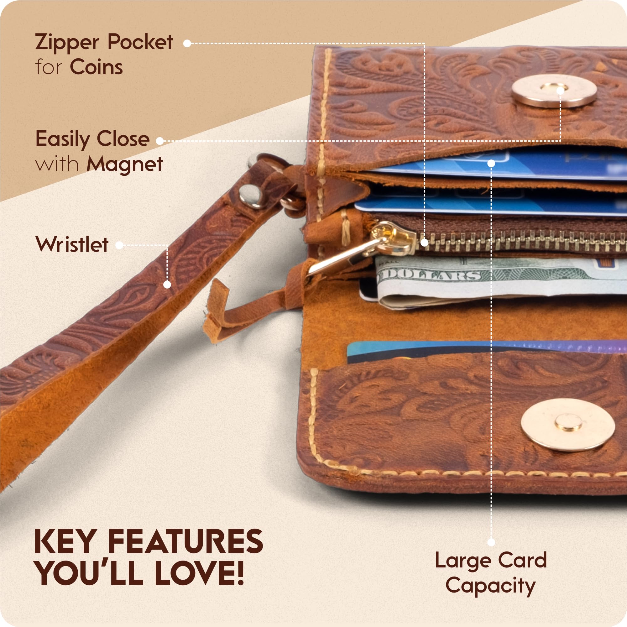 Toros Craft Handmade Wristlet Wallets for Women, Western Floral Leather Small Credit Card Holder with Zipper, Minimalist & Cute Coin Pouch, Genuine Leather, Dark Brown