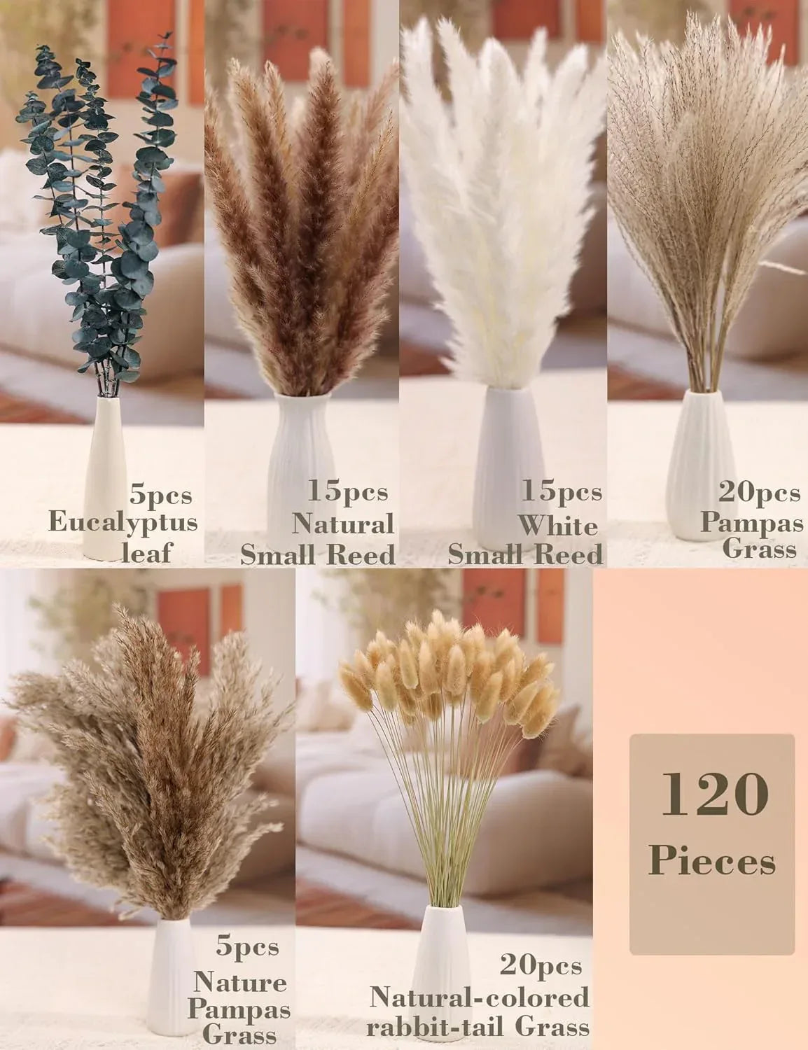 xin's convey 120 PCS Dried Pampas Grass, Dried Flowers, Reed Grass Bouquet for Bohemian Flowers Home Table Wedding Decoration, Rustic Farmhour.(Light Brown) - Handmade Lifestyle Shop
