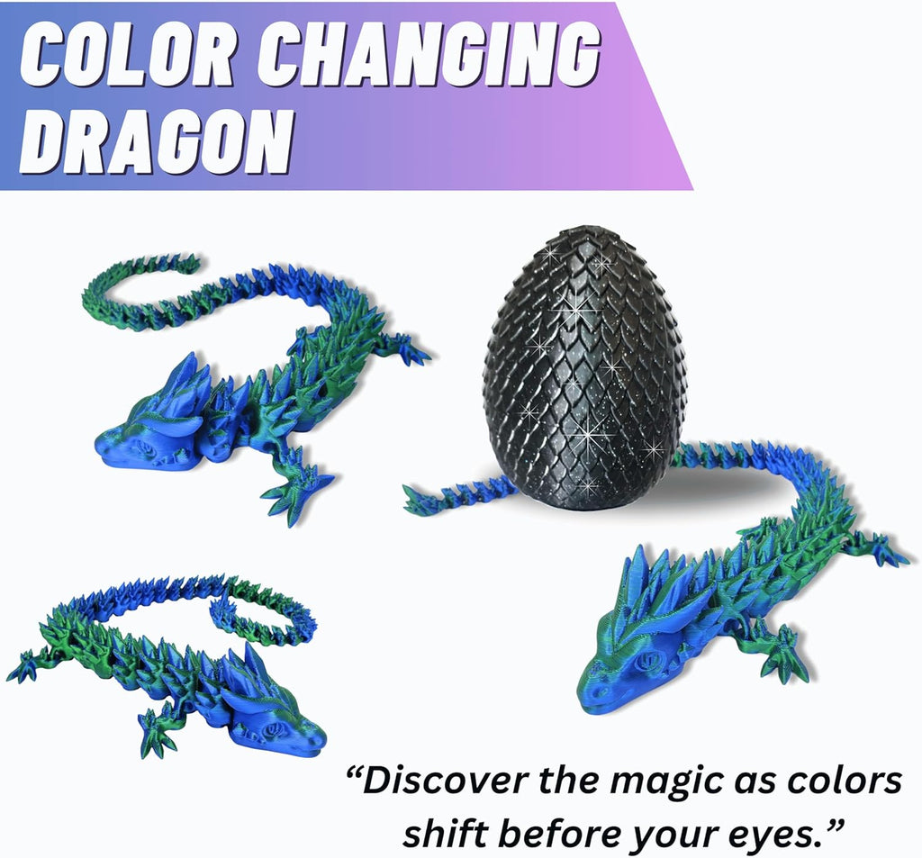 20" Articulated 3D Printed Dragon – Color-Changing Fidget Figurine, Mythical Figure, Made in USA, 3D Printed Toys - Valentines Day Gift for Boys and Girls (Rainbow with Blue Egg)