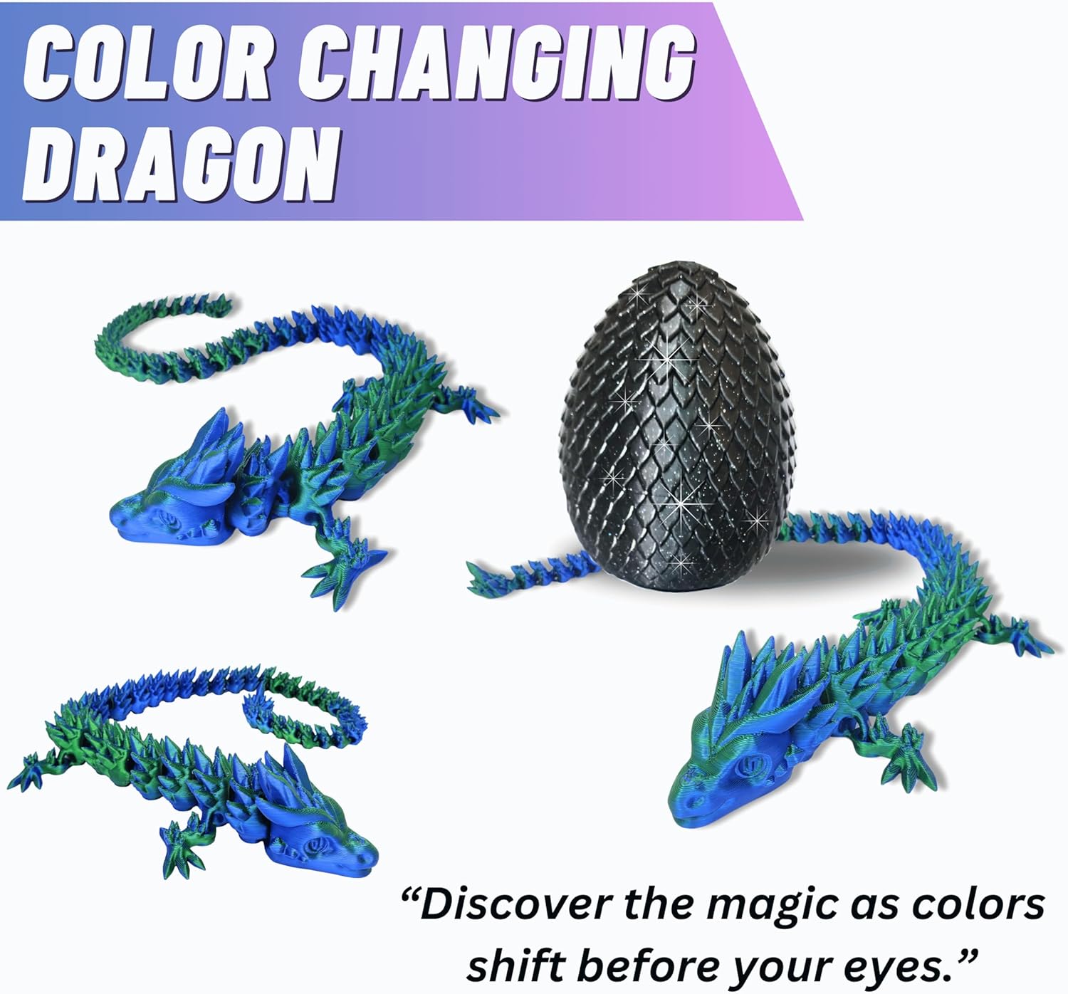 20" Articulated 3D Printed Dragon – Color-Changing Fidget Figurine, Mythical Figure, Made in USA, 3D Printed Toys - Valentines Day Gift for Boys and Girls (Rainbow with Blue Egg)