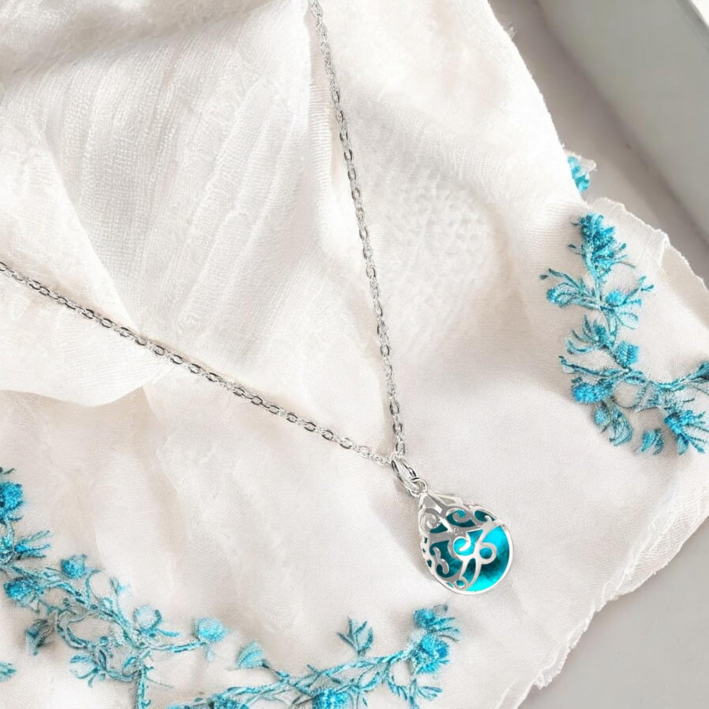 Bottled Up Designs Handmade Filigree Teardrop Necklace, Recycled Antique Glass, Sterling Silver, Eco Friendly, Made in USA, Birthday Gifts, Mothers Day, Women, Anniversary