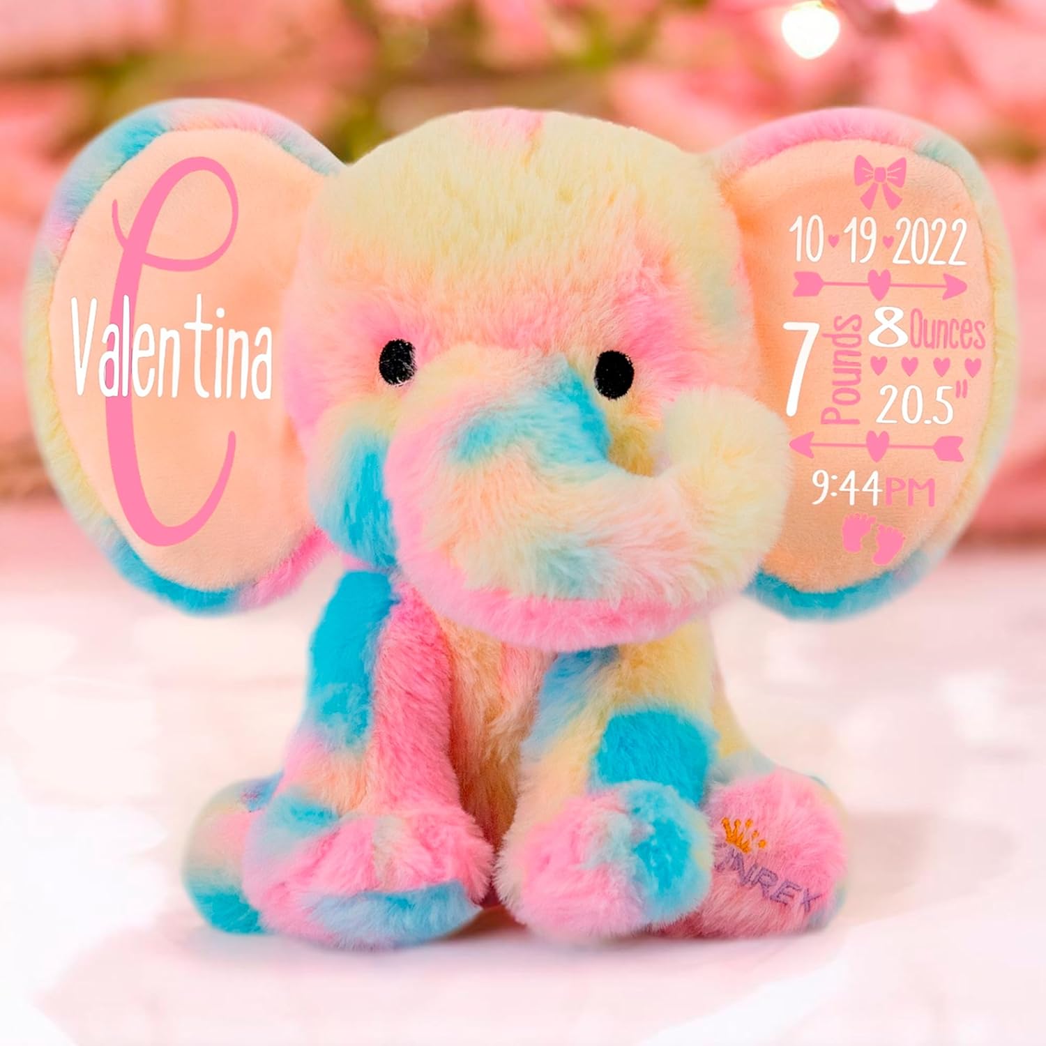 Personalized Elephant Stuffed Animal - Custom Birth Stats Announcement Stuff Elephants Animals for Babies, Baby Shower, Boy, Girl, Newborn, Customized Keepsake Plush Bear Gifts, Pink 9 Inches