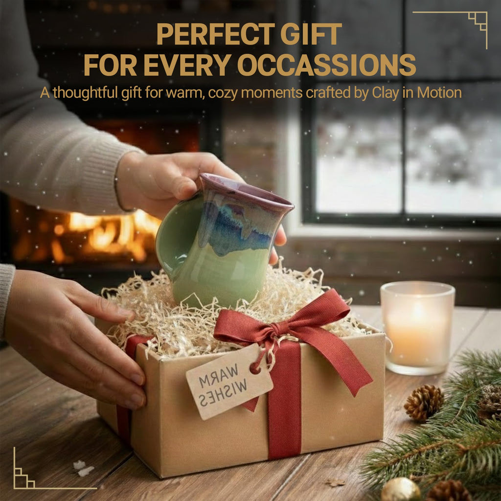 Clay in Motion Hand Warmer Coffee Mug – Handmade Coffee Mug With Comfortable Handle Contoured Pocket Hand Warming Ceramic Coffee Mug – Proudly Made in USA – Right Handed – 14 Oz - Island Oasis