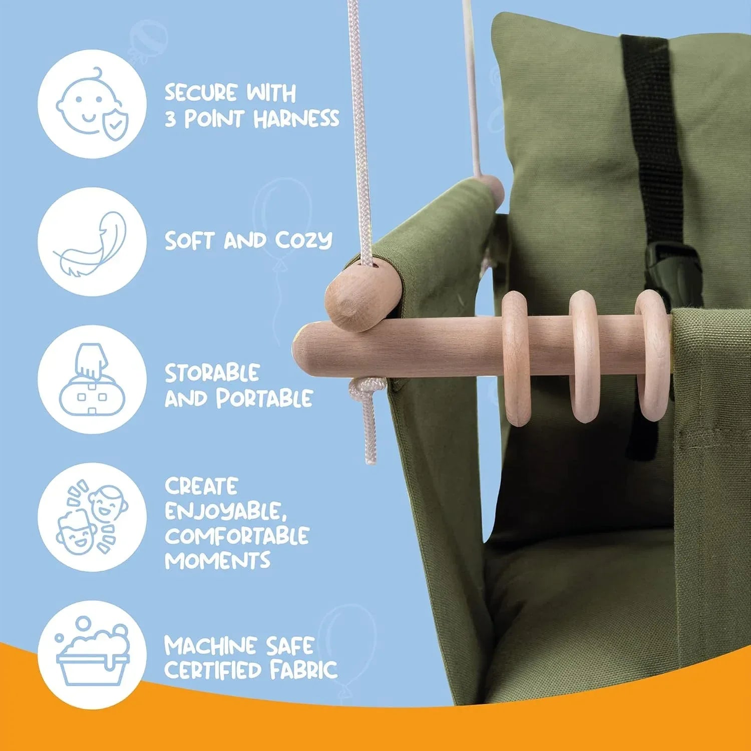 Indoor Outdoor Baby Swing with 3-Point Harness and Hardware for Ceiling, Porch, Doorway, Canvas Baby Swing Outdoor Toddler Swing Seat Green - Handmade Lifestyle Shop