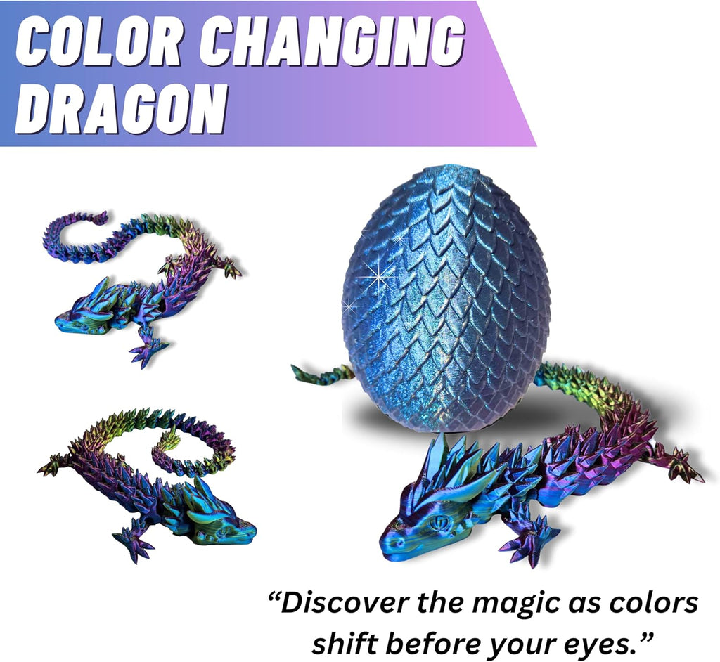 20" Articulated 3D Printed Dragon – Color-Changing Fidget Figurine, Mythical Figure, Made in USA, 3D Printed Toys - Valentines Day Gift for Boys and Girls (Rainbow with Blue Egg)