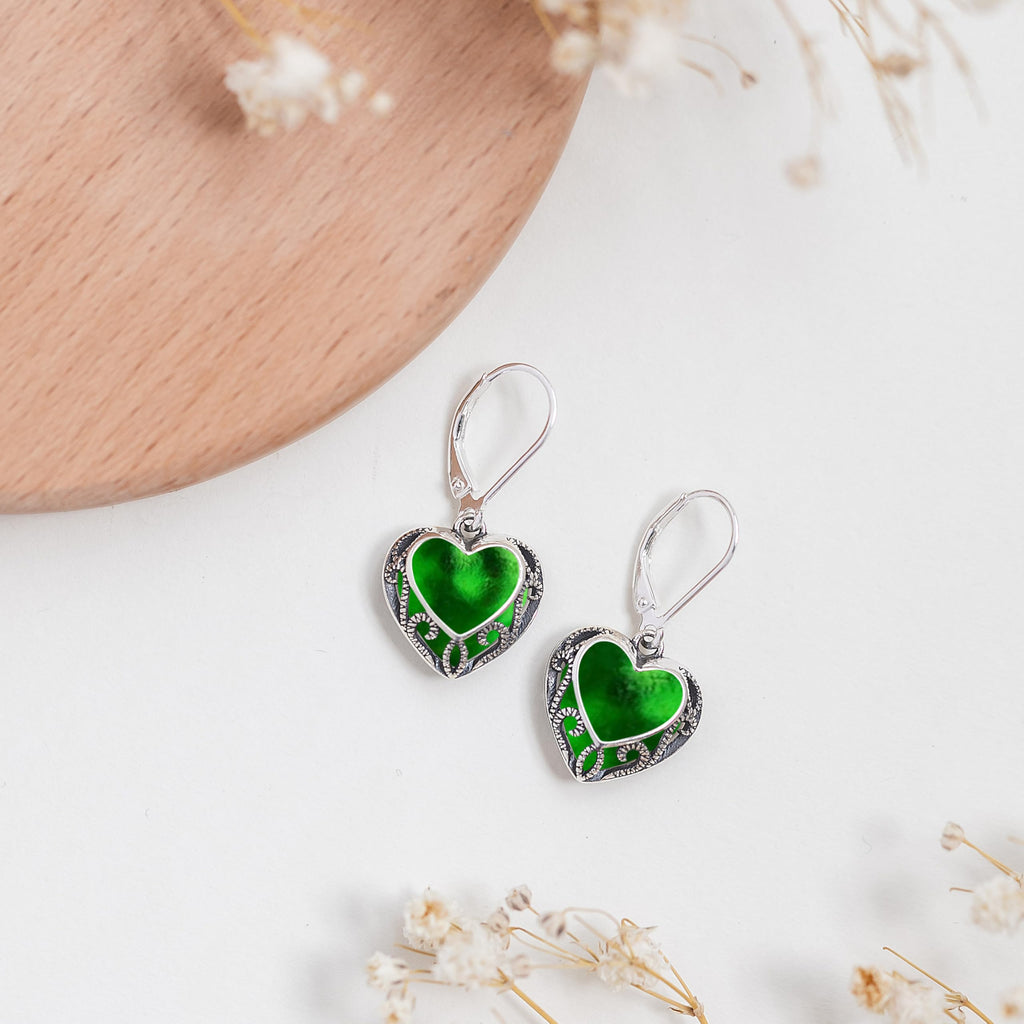 Bottled Up Designs Handmade Homespun Hearts Earrings, Recycled Vintage Glass, Sterling Silver, Eco Friendly, Made in USA, Mothers Day, Women, Anniversary