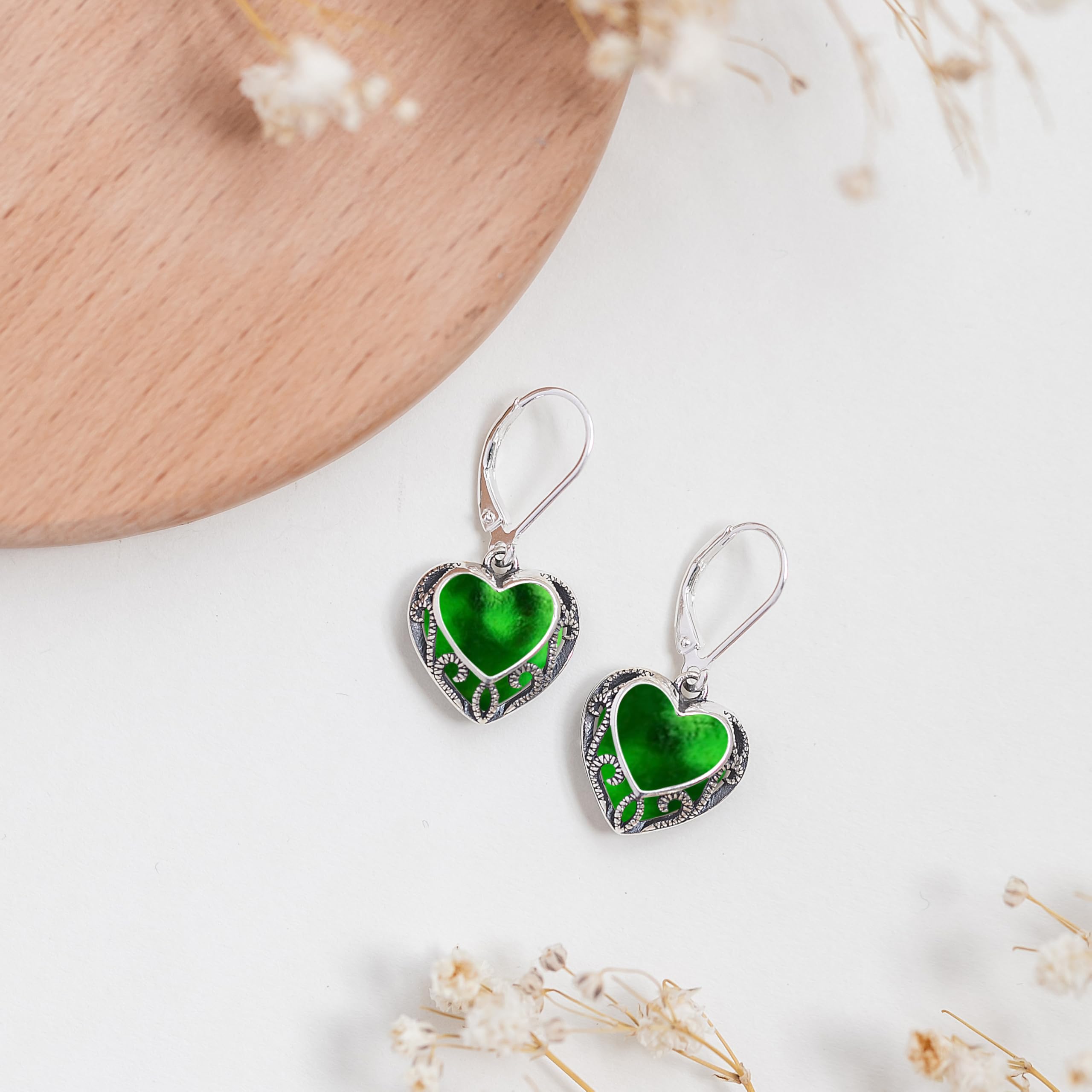 Bottled Up Designs Handmade Homespun Hearts Earrings, Recycled Vintage Glass, Sterling Silver, Eco Friendly, Made in USA, Mothers Day, Women, Anniversary