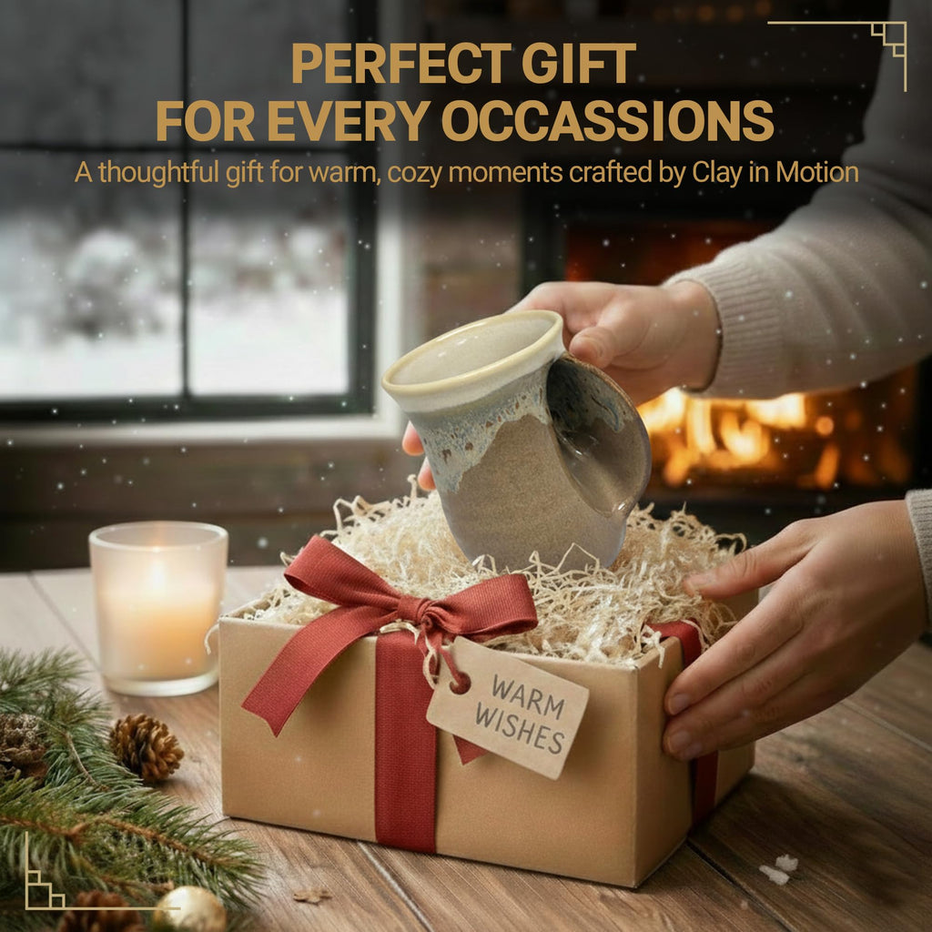 Clay in Motion Hand Warmer Coffee Mug – Handmade Coffee Mug With Comfortable Handle Contoured Pocket Hand Warming Ceramic Coffee Mug – Proudly Made in USA – Right Handed – 14 Oz - Island Oasis
