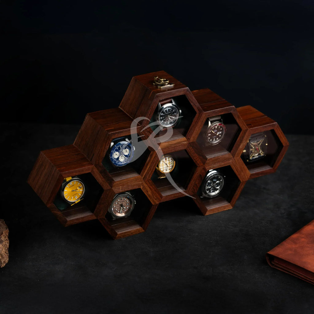 Premium 7-Slot Wooden Timepiece Display Case – Handcrafted Honeycomb Watch Box for Men in Superior Indian Rosewood | Hinged Glass Cover – Father’s Day Gift – Luxury Built to Last - Handmade Lifestyle Shop