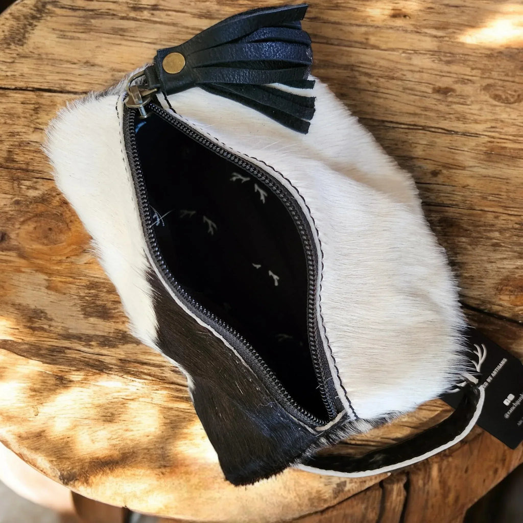 Ranch Junkie Mercantile Genuine Cowhide Handcrafted Cosmetic Pouch Highlands Cowhide Makeup Bag (Caramel Cowhide Mix) - Handmade Lifestyle Shop