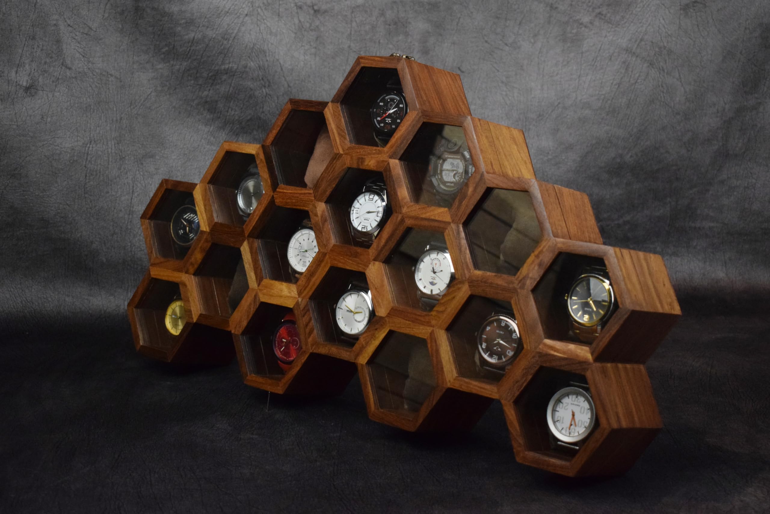 Premium 7-Slot Wooden Timepiece Display Case – Handcrafted Honeycomb Watch Box for Men in Superior Indian Rosewood | Hinged Glass Cover – Father’s Day Gift – Luxury Built to Last