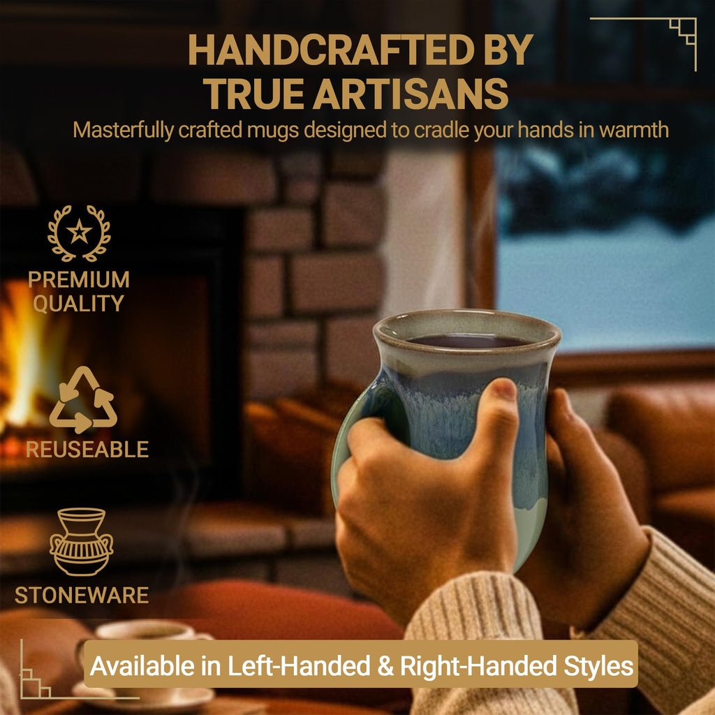 Clay in Motion Hand Warmer Coffee Mug – Handmade Coffee Mug With Comfortable Handle Contoured Pocket Hand Warming Ceramic Coffee Mug – Proudly Made in USA – Right Handed – 14 Oz - Island Oasis