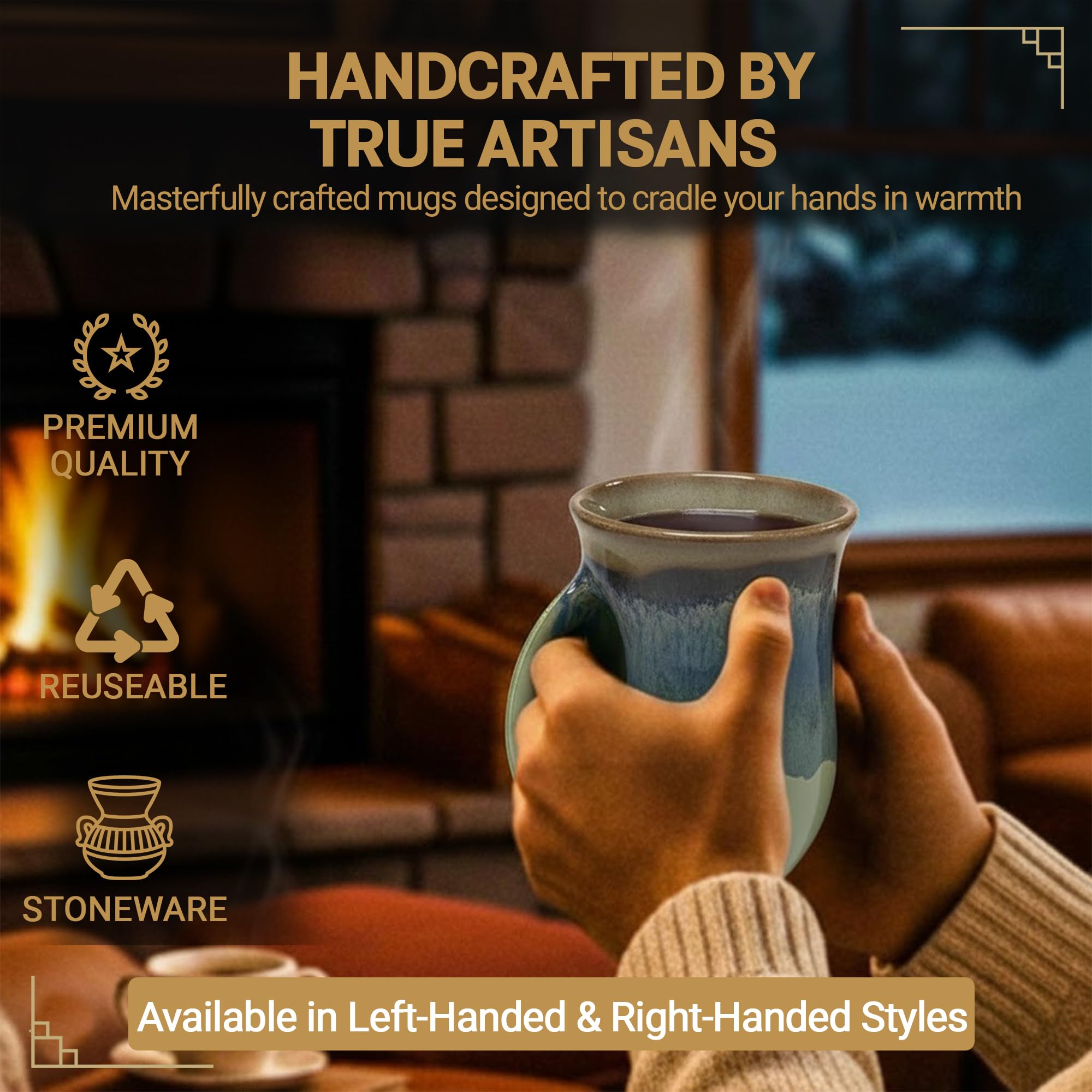 Clay in Motion Hand Warmer Coffee Mug – Handmade Coffee Mug With Comfortable Handle Contoured Pocket Hand Warming Ceramic Coffee Mug – Proudly Made in USA – Right Handed – 14 Oz - Island Oasis