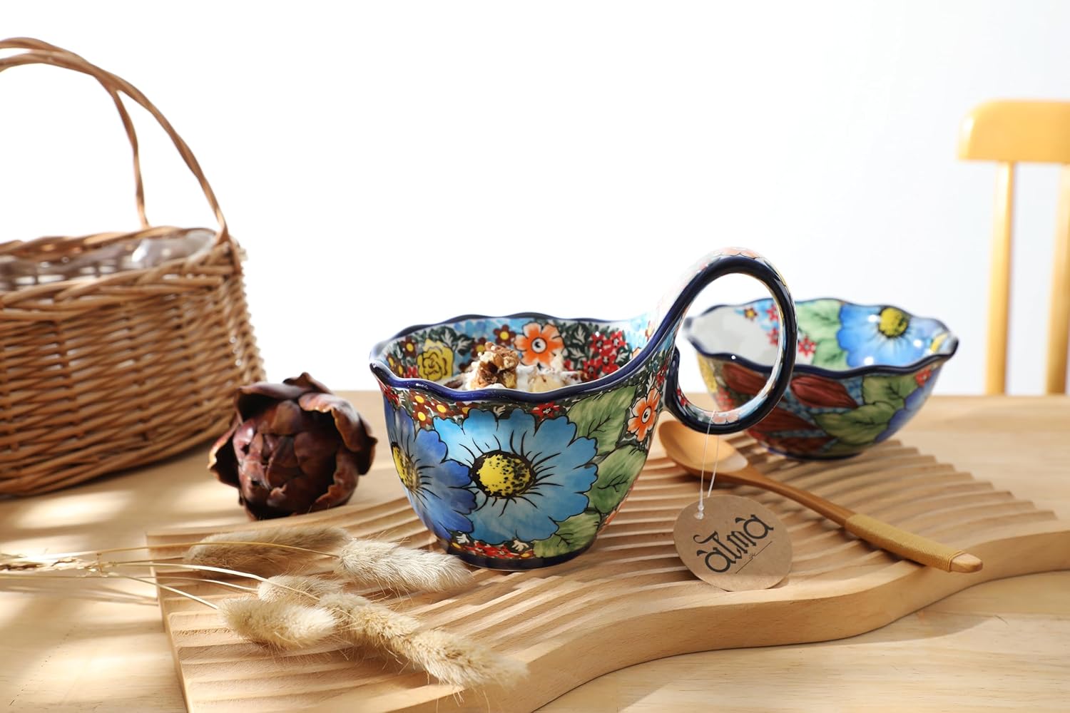 ALMA Handpainted Soup Bowl with Handle, 18.6oz Ceramic Cereal Bowl, Microwave &Dishwasher Safe,Loop Handle Bowl Great for Soup, Chili, Stew, Ice cream