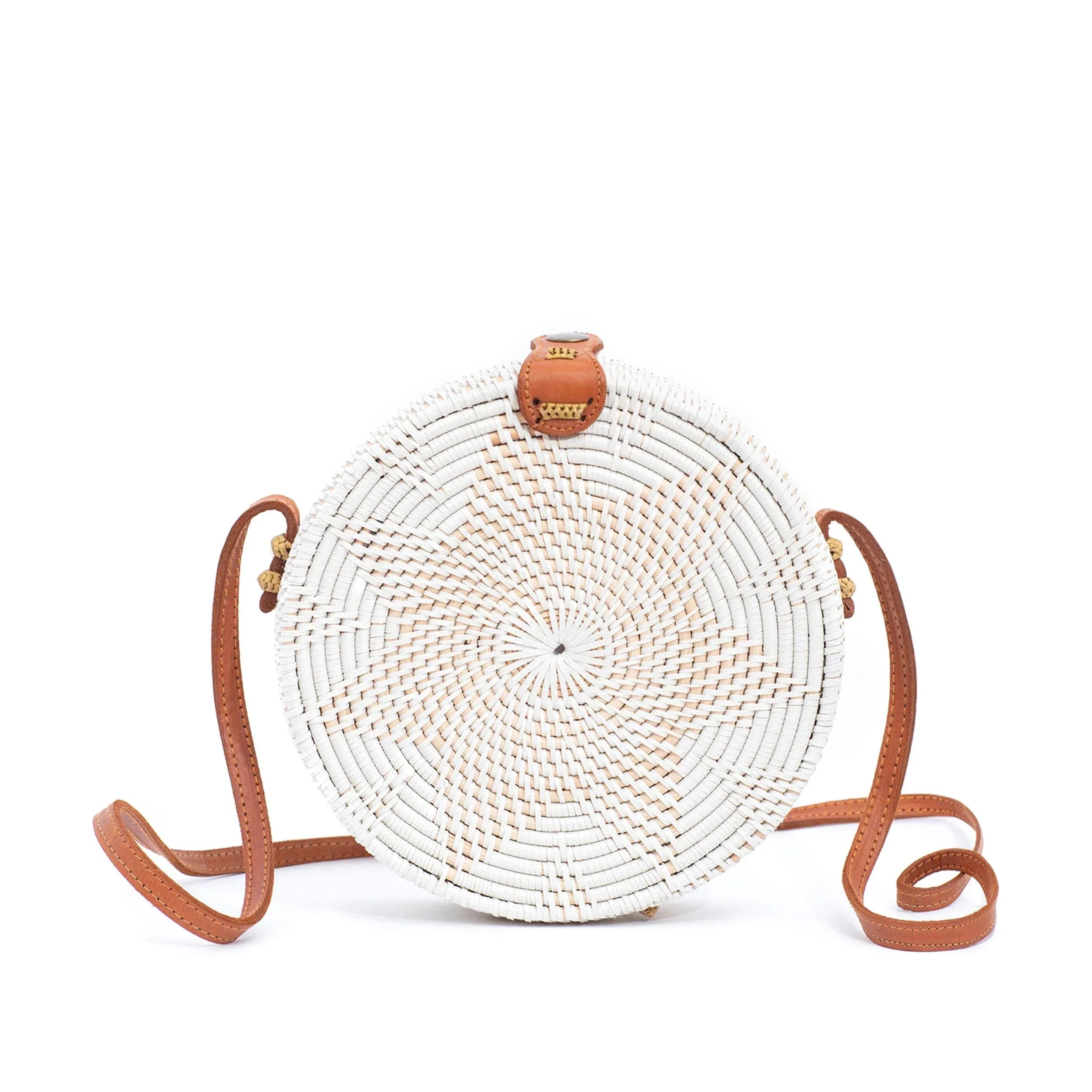 Novum Crafts Round Rattan Bag for Women - Handmade Straw Bags - Wicker Purse - Brown White Circle Crossbody Boho Bags - Handmade Lifestyle Shop