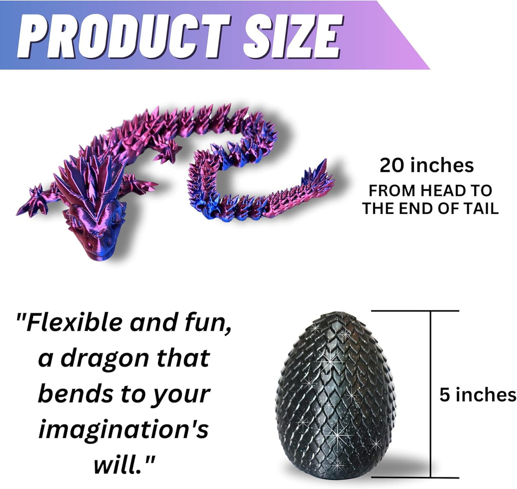 20" Articulated 3D Printed Dragon – Color-Changing Fidget Figurine, Mythical Figure, Made in USA, 3D Printed Toys - Valentines Day Gift for Boys and Girls (Rainbow with Blue Egg)