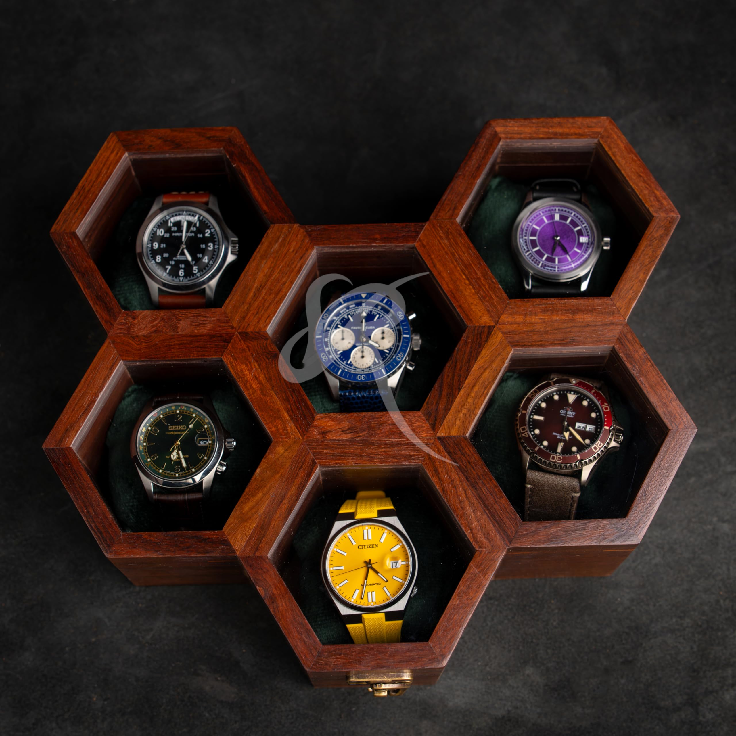 Premium 7-Slot Wooden Timepiece Display Case – Handcrafted Honeycomb Watch Box for Men in Superior Indian Rosewood | Hinged Glass Cover – Father’s Day Gift – Luxury Built to Last
