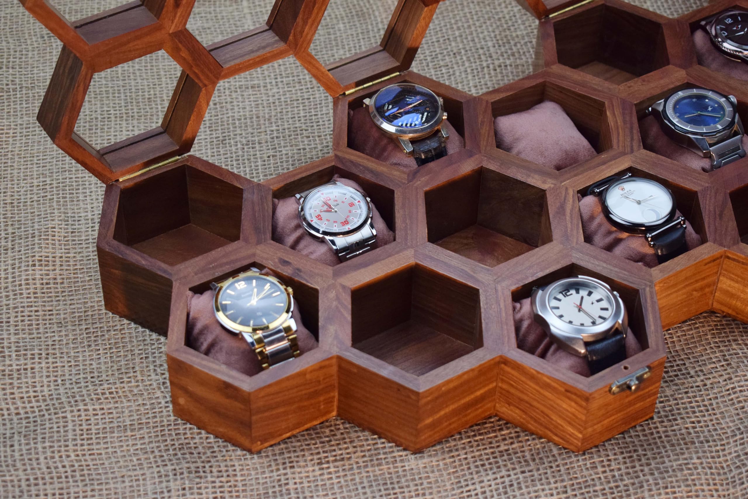 Premium 7-Slot Wooden Timepiece Display Case – Handcrafted Honeycomb Watch Box for Men in Superior Indian Rosewood | Hinged Glass Cover – Father’s Day Gift – Luxury Built to Last