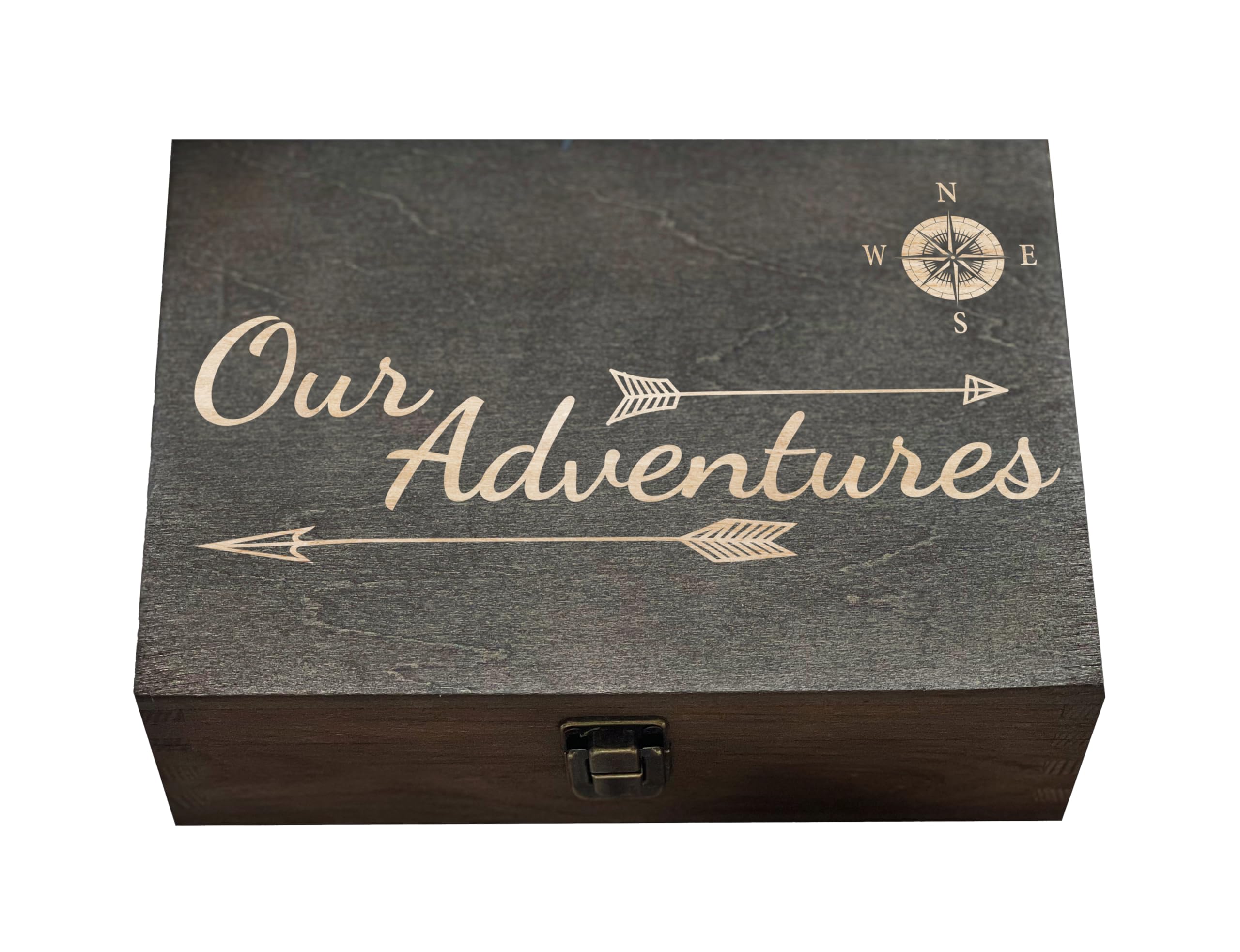 Dark Walnut Wooden Keepsake Box Our Adventures - 8.5x6x3in, Ideal for 5th Anniversary, Elegant Memory Box for Couples, Travel-Themed Storage