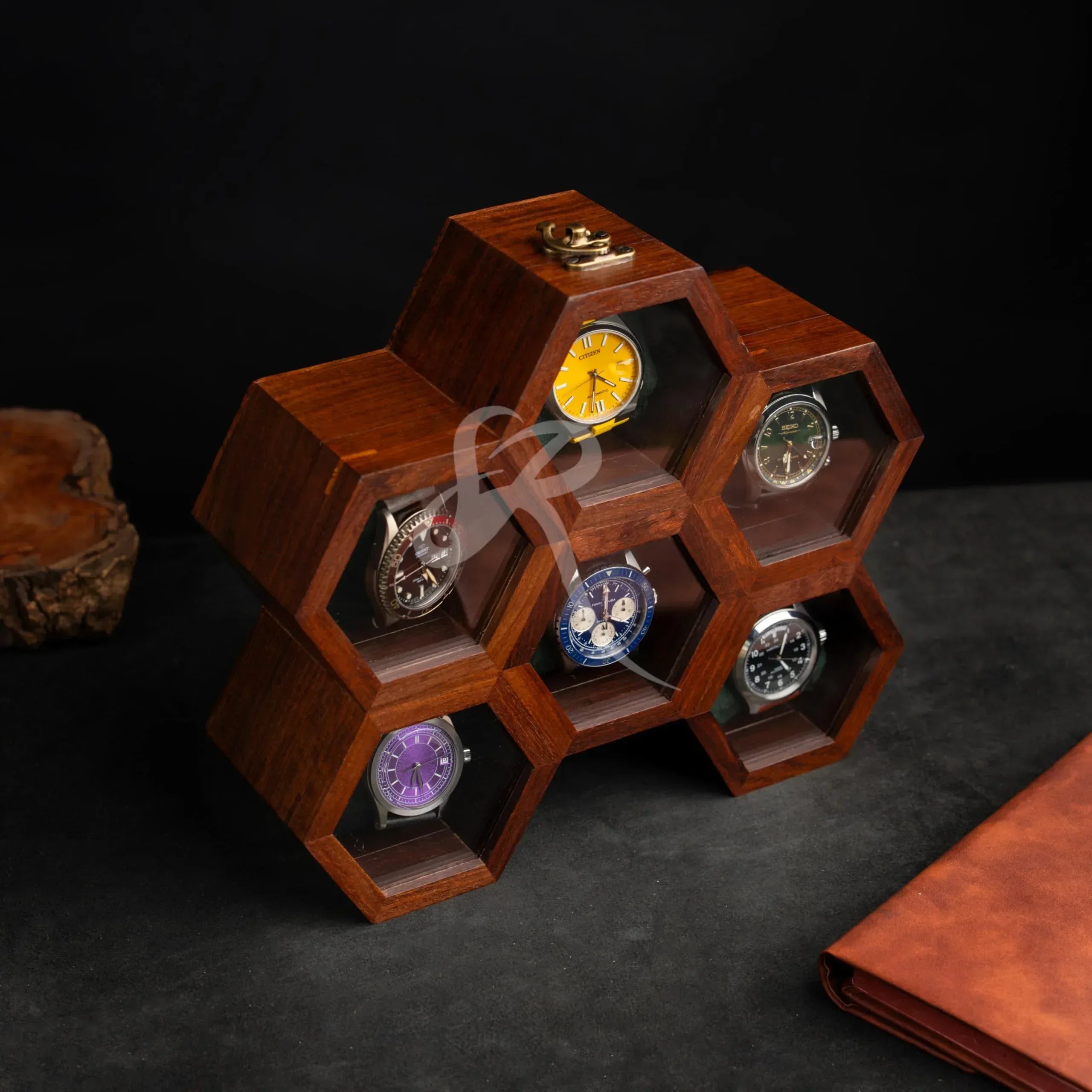 Premium 7-Slot Wooden Timepiece Display Case – Handcrafted Honeycomb Watch Box for Men in Superior Indian Rosewood | Hinged Glass Cover – Father’s Day Gift – Luxury Built to Last - Handmade Lifestyle Shop