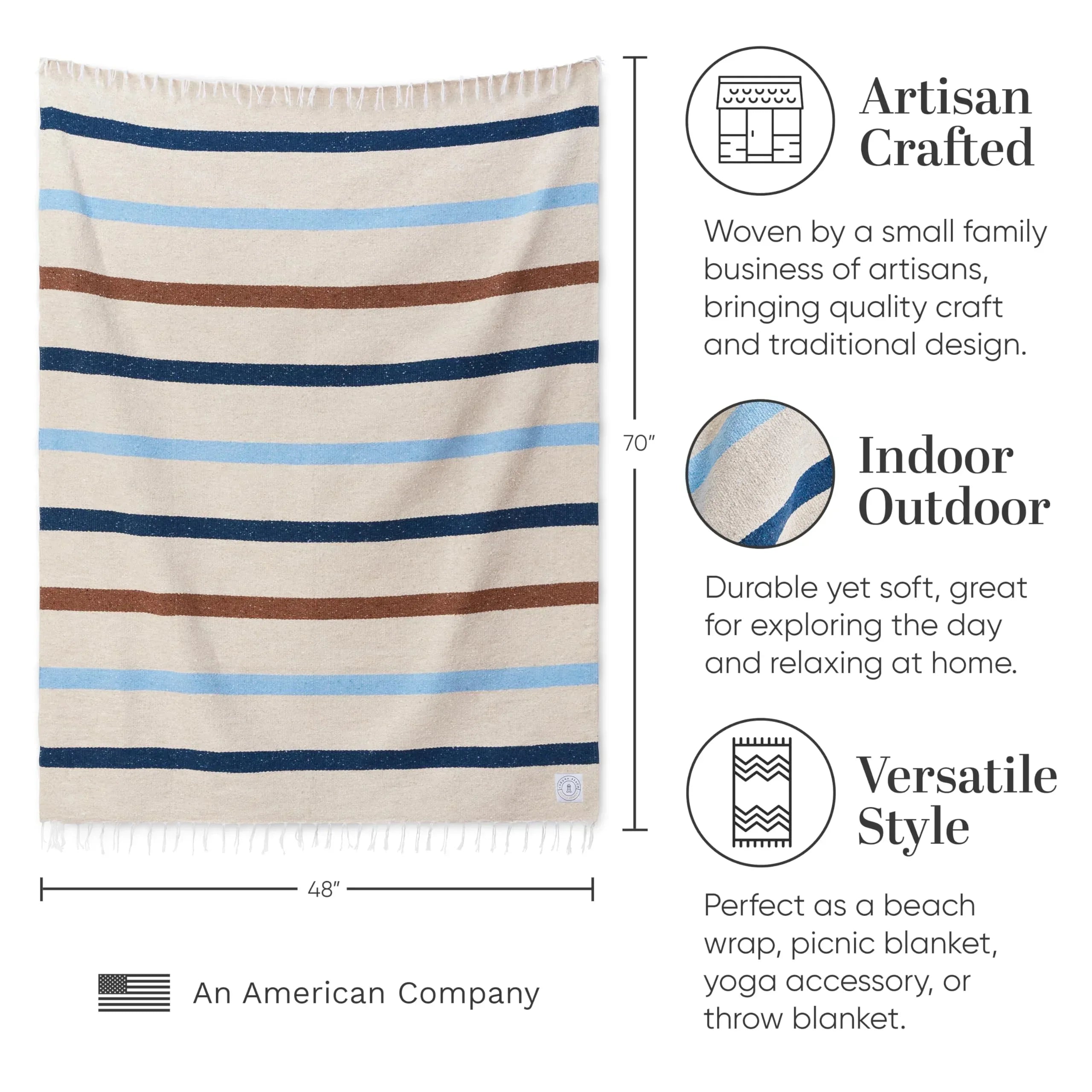 Tan Mexican Blanket by Laguna Beach Textile Co - Beach, Yoga, Camping, or Decorative Throw Blanket - Traditional Handmade Serape - Wheat Sol - Handmade Lifestyle Shop