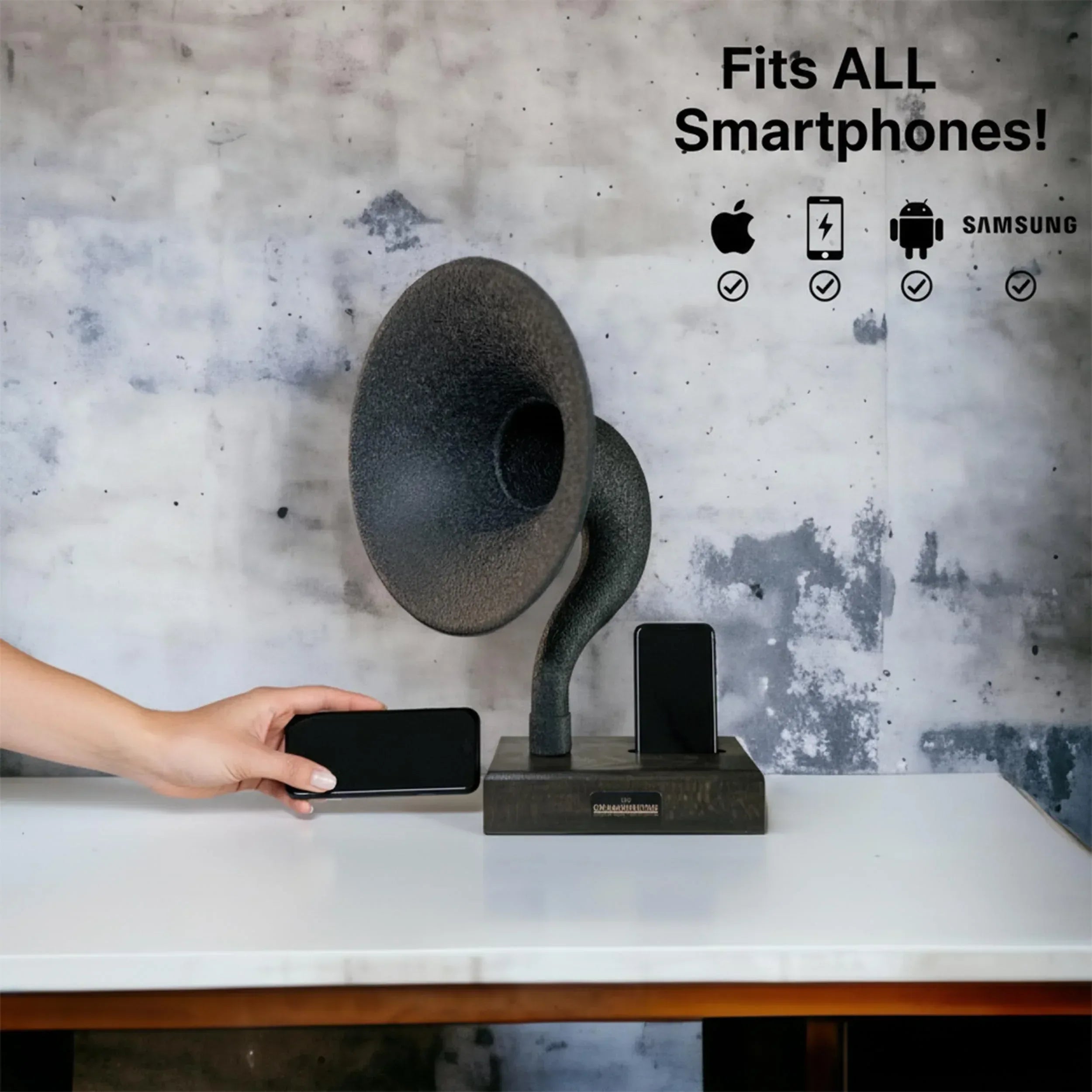 Handmade Acoustic Phone Speaker, Gramophone Phone Amplifier, Vintage Passive Speaker for Home Decor, Office Furniture Gift, Unique Handmade Smart Phone Dock - 17" Large - Walnut Wood & Black Horn - Handmade Lifestyle Shop