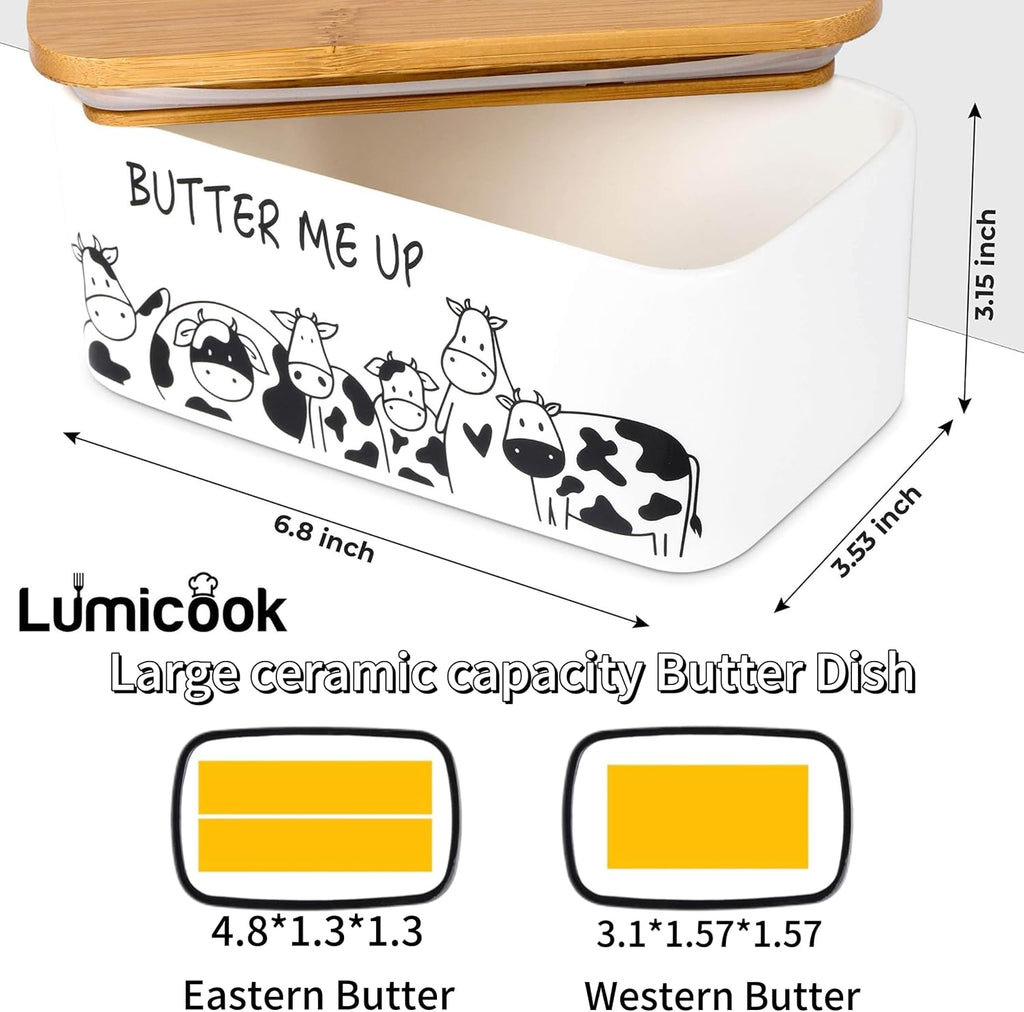 Butter Dish with Lid, Butter Dish with Lid for Countertop, White Butter Keeper Holds Up to 2 Sticks - Butter Holder and Container (Black butter me up, Large)