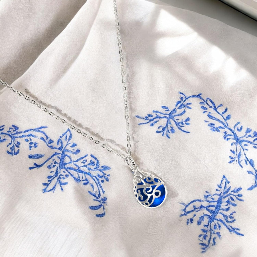 Bottled Up Designs Handmade Filigree Teardrop Necklace, Recycled Antique Glass, Sterling Silver, Eco Friendly, Made in USA, Birthday Gifts, Mothers Day, Women, Anniversary