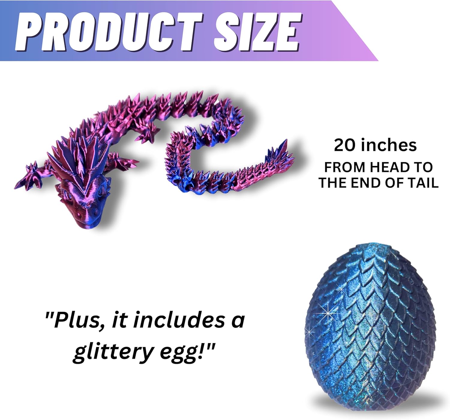 20" Articulated 3D Printed Dragon – Color-Changing Fidget Figurine, Mythical Figure, Made in USA, 3D Printed Toys - Valentines Day Gift for Boys and Girls (Rainbow with Blue Egg)