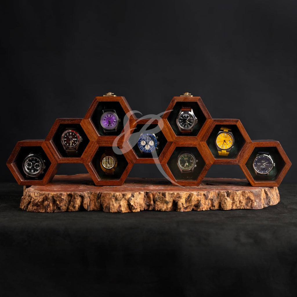 Premium 7-Slot Wooden Timepiece Display Case – Handcrafted Honeycomb Watch Box for Men in Superior Indian Rosewood | Hinged Glass Cover – Father’s Day Gift – Luxury Built to Last