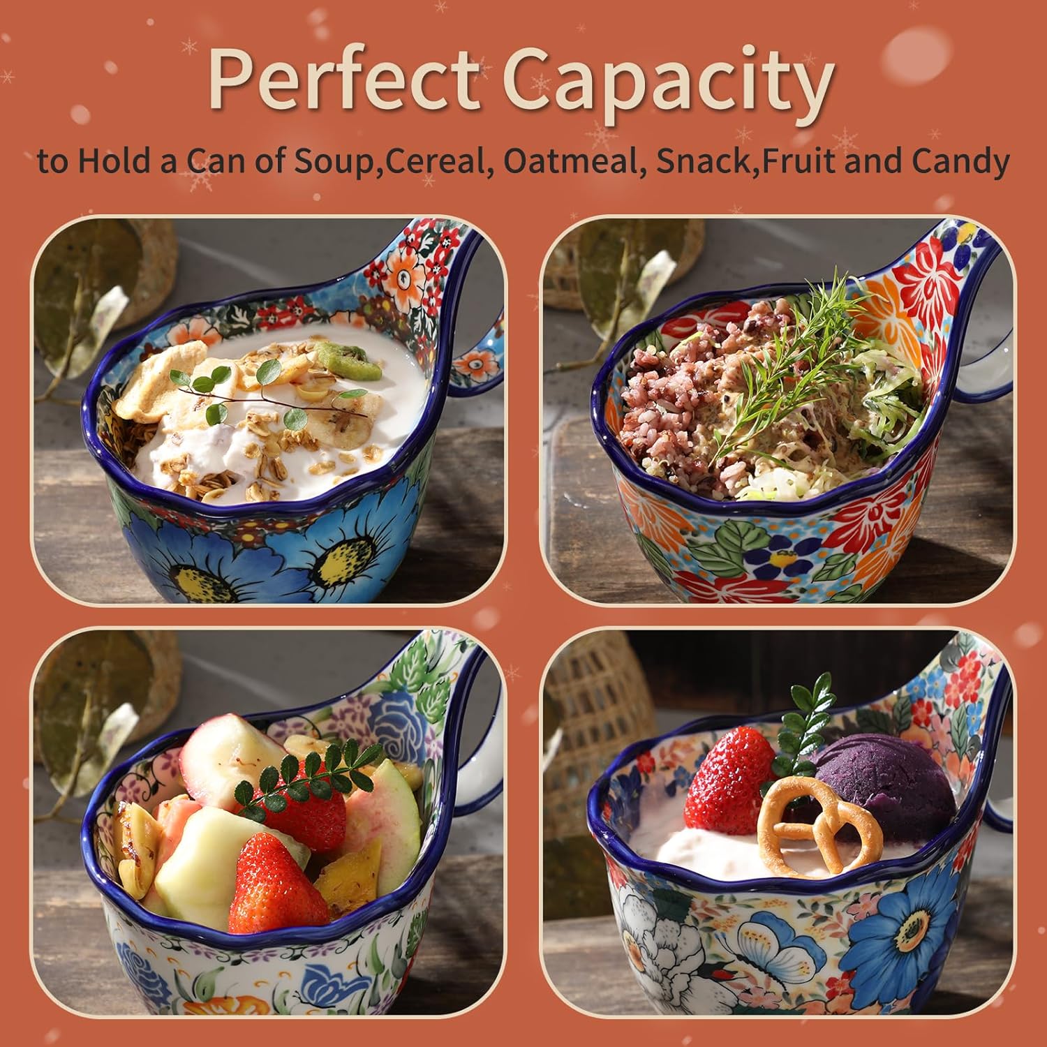 ALMA Handpainted Soup Bowl with Handle, 18.6oz Ceramic Cereal Bowl, Microwave &Dishwasher Safe,Loop Handle Bowl Great for Soup, Chili, Stew, Ice cream