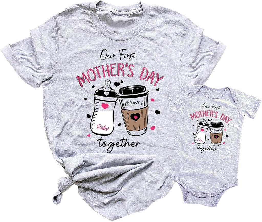 Our 1st Mother's Day Shirt, Mommy and Me Shirts, Matching First Mother's Day Outfits, Customizable with Names and Date, Baby Bodysuit and Mom Shirt Set, Mother's Day Gift Idea, Pack of 2 - Handmade Lifestyle Shop