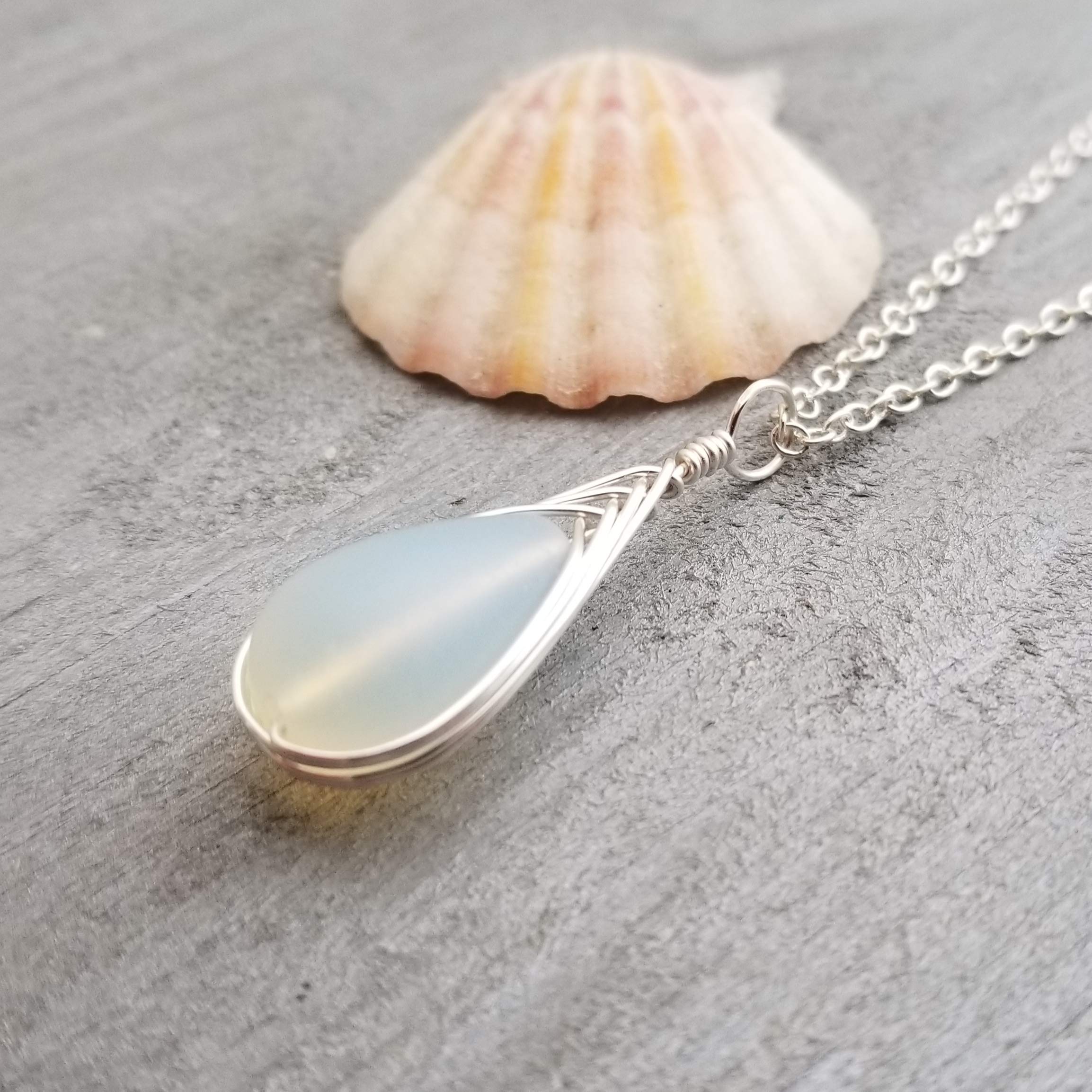 Yinahawaii Handmade Sea Glass Necklace, Hawaiian Jewelry For Women, Braided Teardrop Necklace, Unique Sea Glass Jewelry For Women Birthday Gift