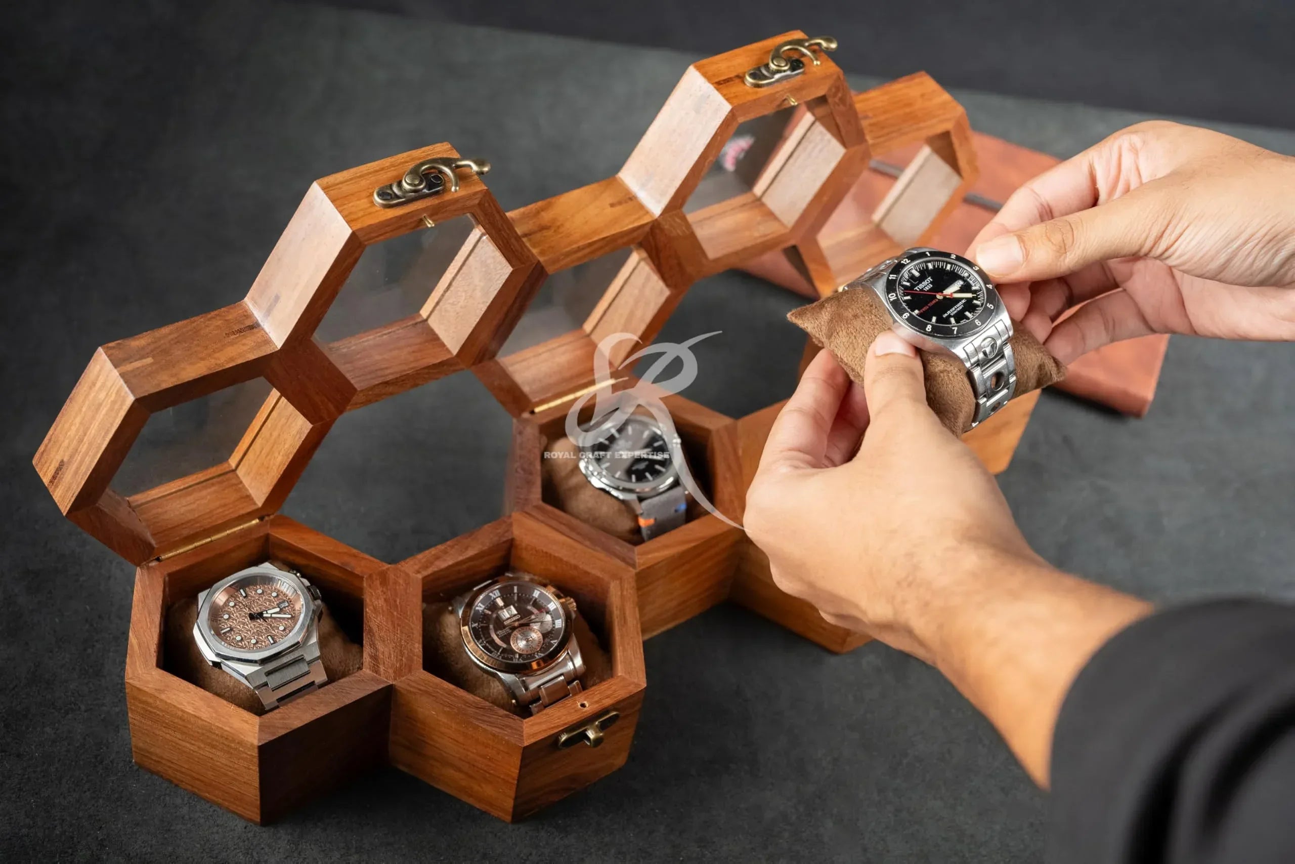 Premium 7-Slot Wooden Timepiece Display Case – Handcrafted Honeycomb Watch Box for Men in Superior Indian Rosewood | Hinged Glass Cover – Father’s Day Gift – Luxury Built to Last - Handmade Lifestyle Shop